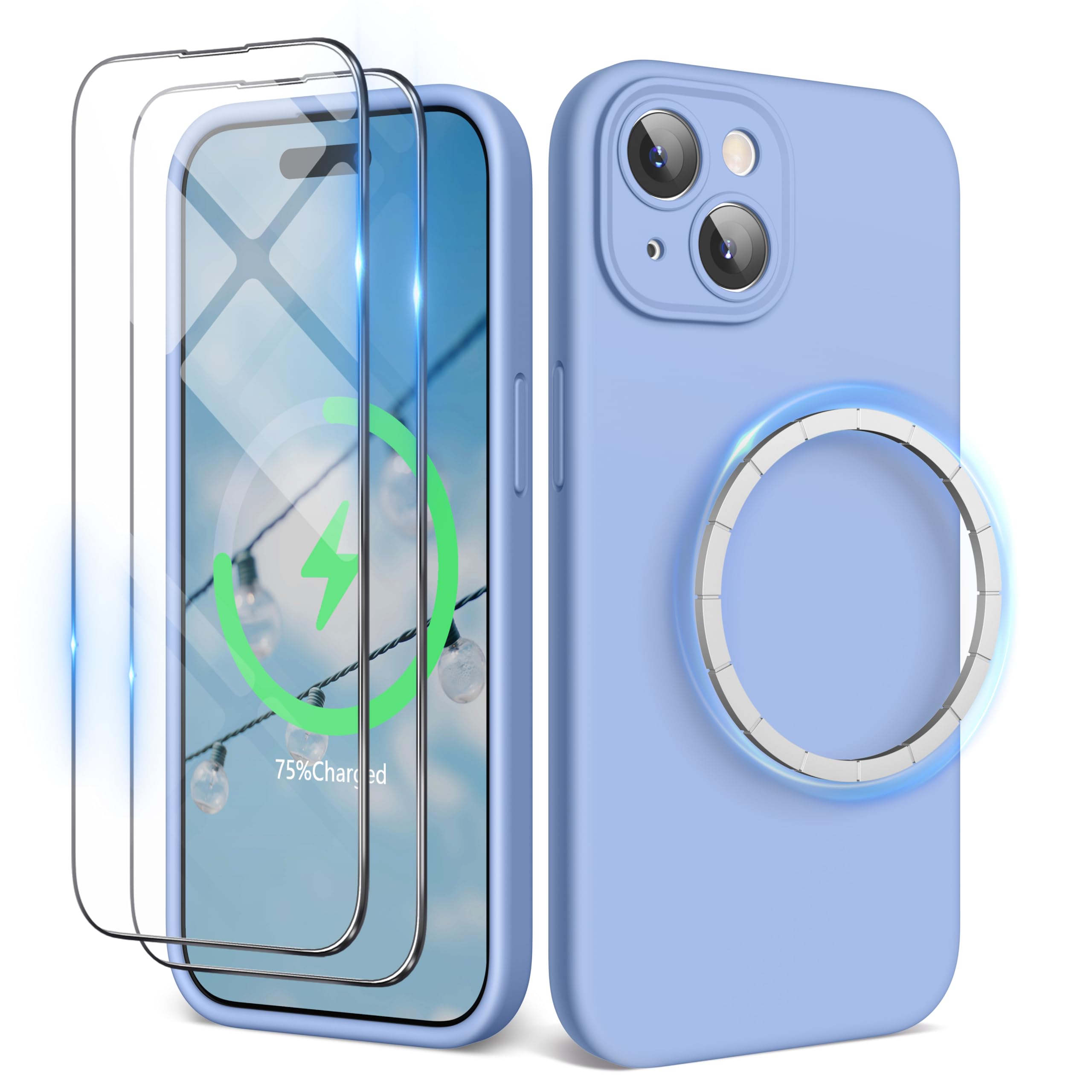 SURPHY iPhone15 plus用ケース MagSafe対応，フィルム付き 6.7インチ対応(2023) iPhone15 プラスシリコンケース(カメラの全面保護) マグネット搭載 iPhone15 plus用ソフトカバー (ウィンターブルー)