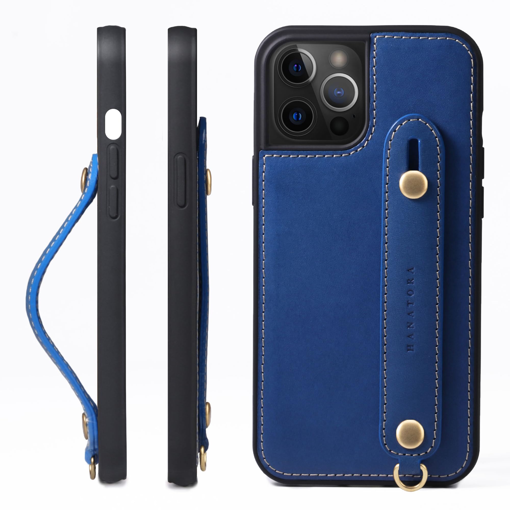 HANATORA iPhone15ProMax ケース 本革 耐衝撃 背面ベルト ストラップリング スマホケース スマホ スタンド機能 コードホルダー ガラスフィルム 付き オイルドレザー ギフト ブルー GH-15ProMax-Blue-m｜T.M.Bストア