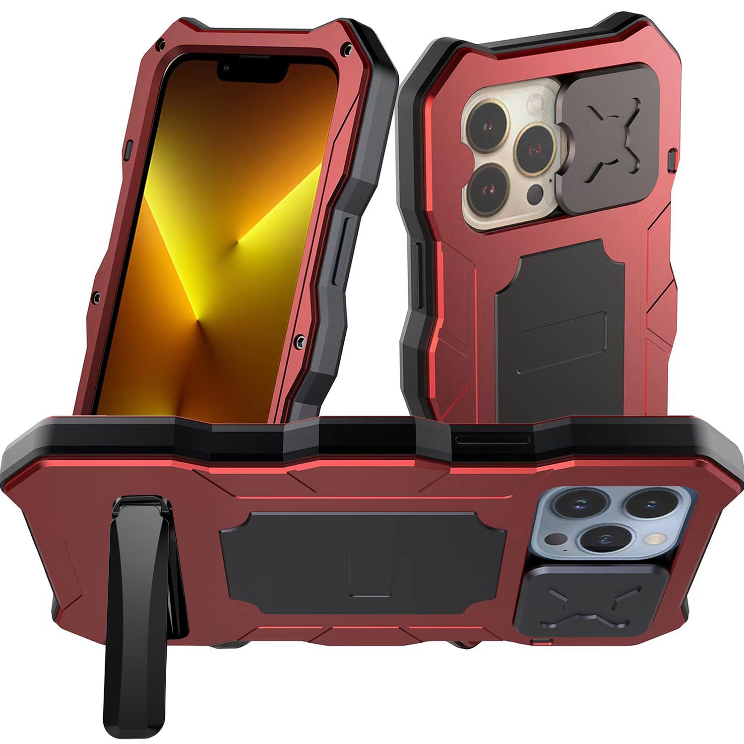 iPhone 14 Pro Max ケース 360° 強力保護 ライド式カメラカバー 耐衝撃 軍用 アルミニウムバンパー 防塵 スタンド機能 最強級金属合金強化ガラスフィルム シリコーン 生活防水 男性 個性 (iPhone 14