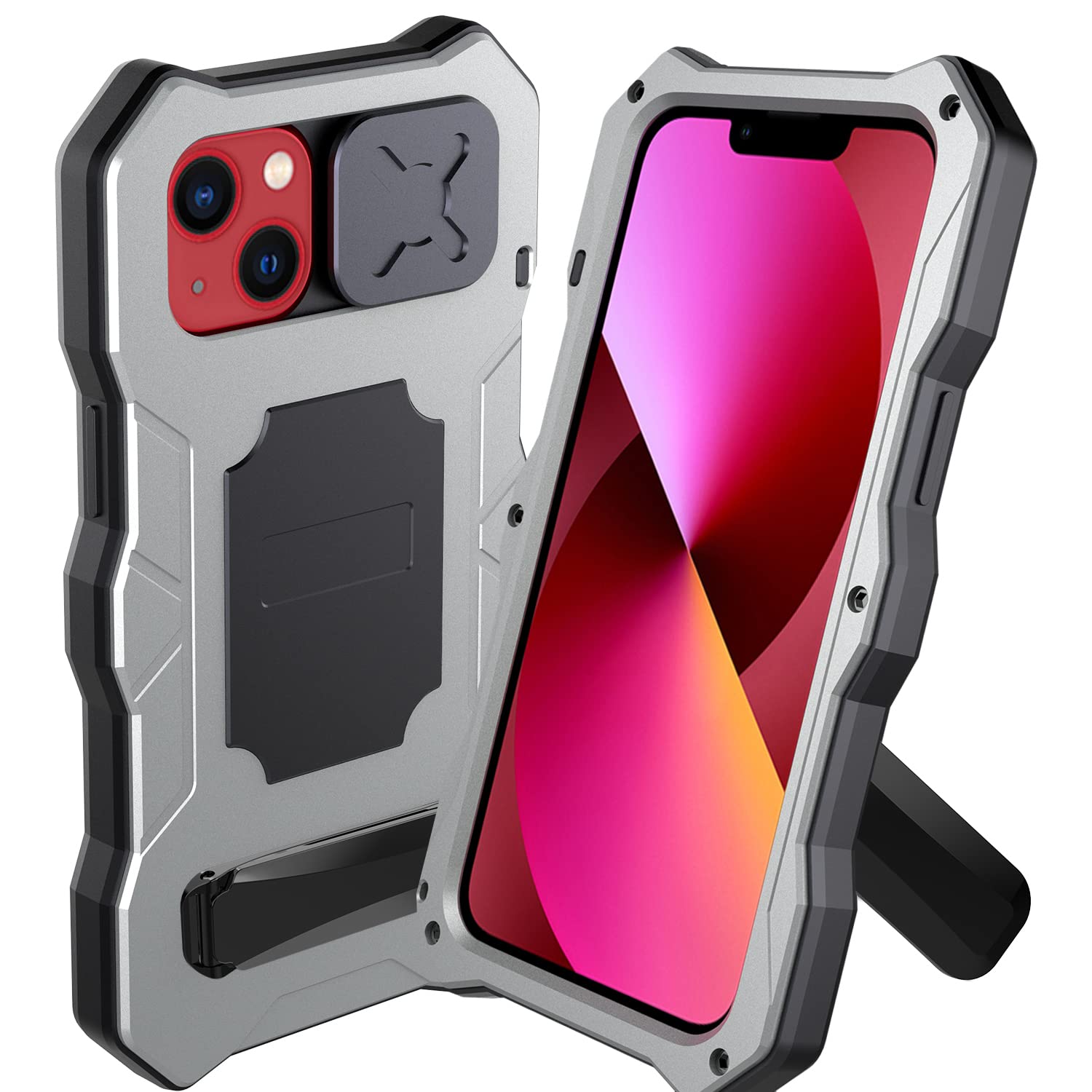 iPhone 14 Plus ケース 360° 強力保護 ライド式カメラカバー 耐衝撃 軍用 アルミニウムバンパー 防塵 スタンド機能 最強級金属合金強化ガラスフィルム シリコーン 生活防水 男性 個性 (iPhone 14 Plu