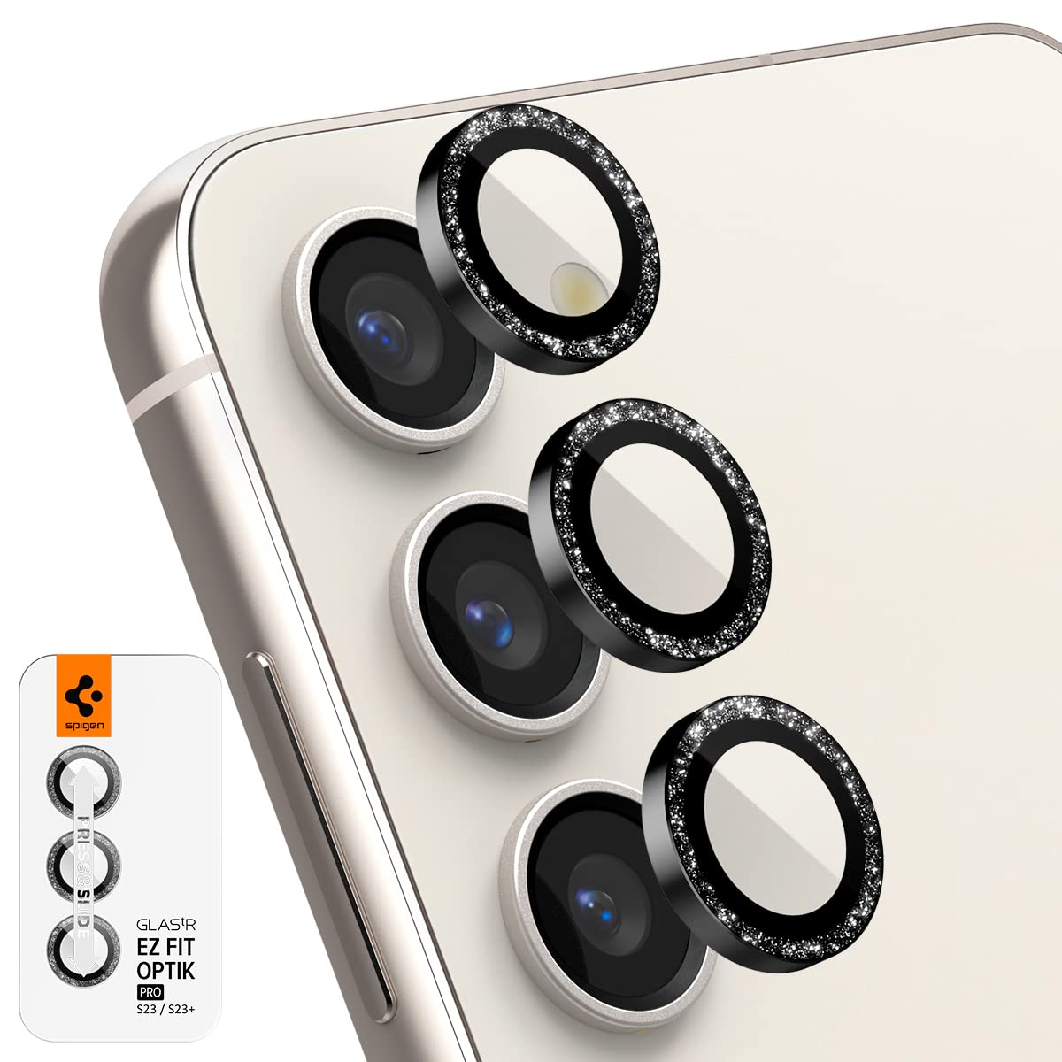 Spigen EZ Fit Optik Pro Galaxy S23 / Galaxy S23 Plus用 カメラフィルム キラキラ ラメ入り 貼り付けキット付き レンズ保護フィルム グリッター ブラック 1枚入り