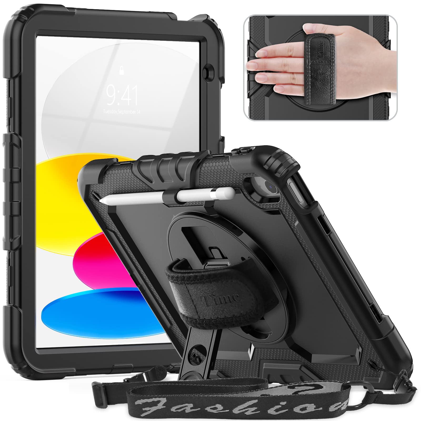 Timecity iPad 第10世代 ケース 2022モデル 10.9インチ用 耐衝撃 保護フィルム 360°回転スタンド ペン収納 ハンド&ショルダーストラップ付き 頑丈 落下保護 傷防止 仕事 多機能 iPad 10世代 全面保護|T.M.Bストア