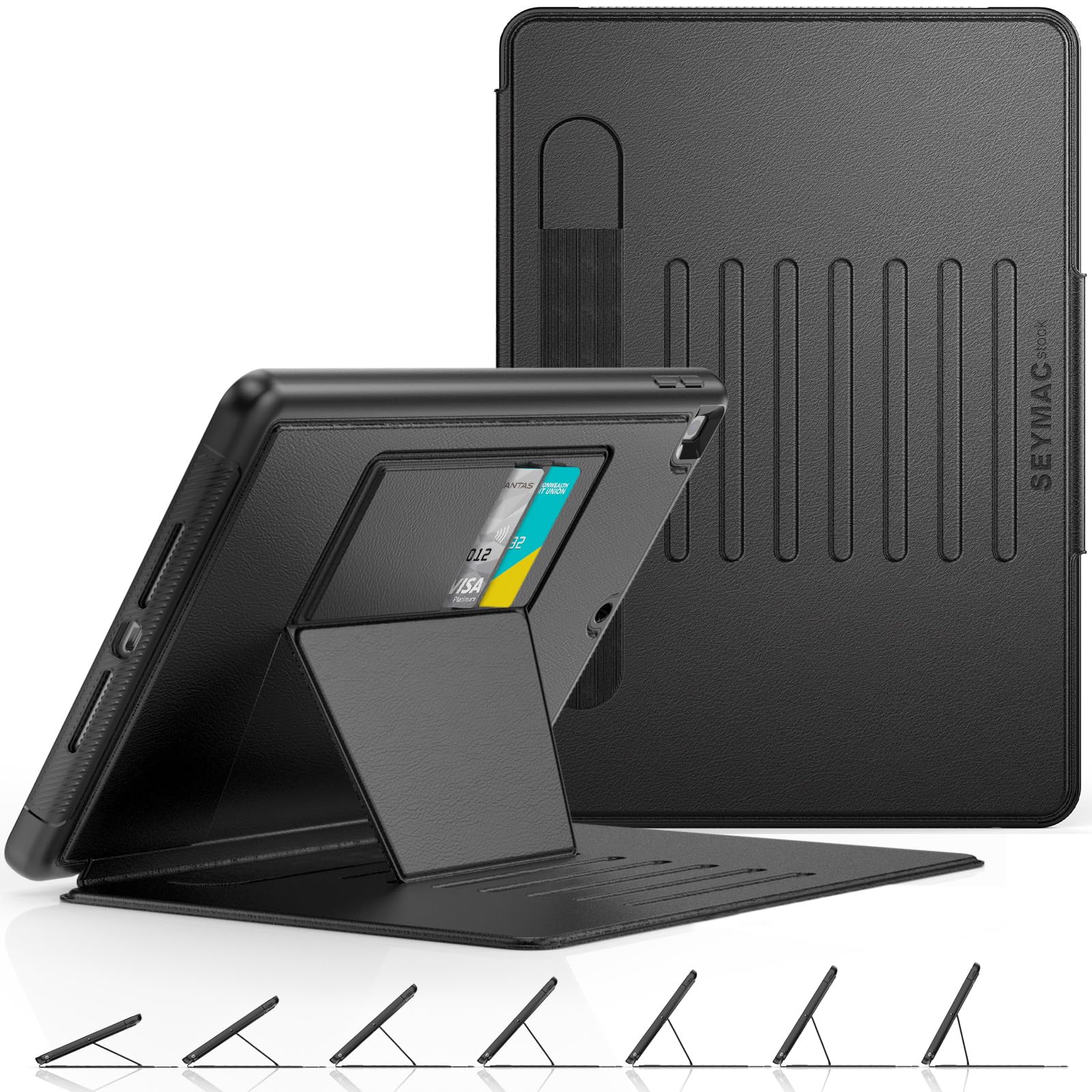 SEYMAC stock ケース iPad 9/8/7世代(2021/2020/2019) 10.2インチ ケース 耐衝撃 多角度横置き調節 オートスリープ ペン収納 カード収納 強磁力全面保護カバー（ブラック）（適格請求書発行事業者）