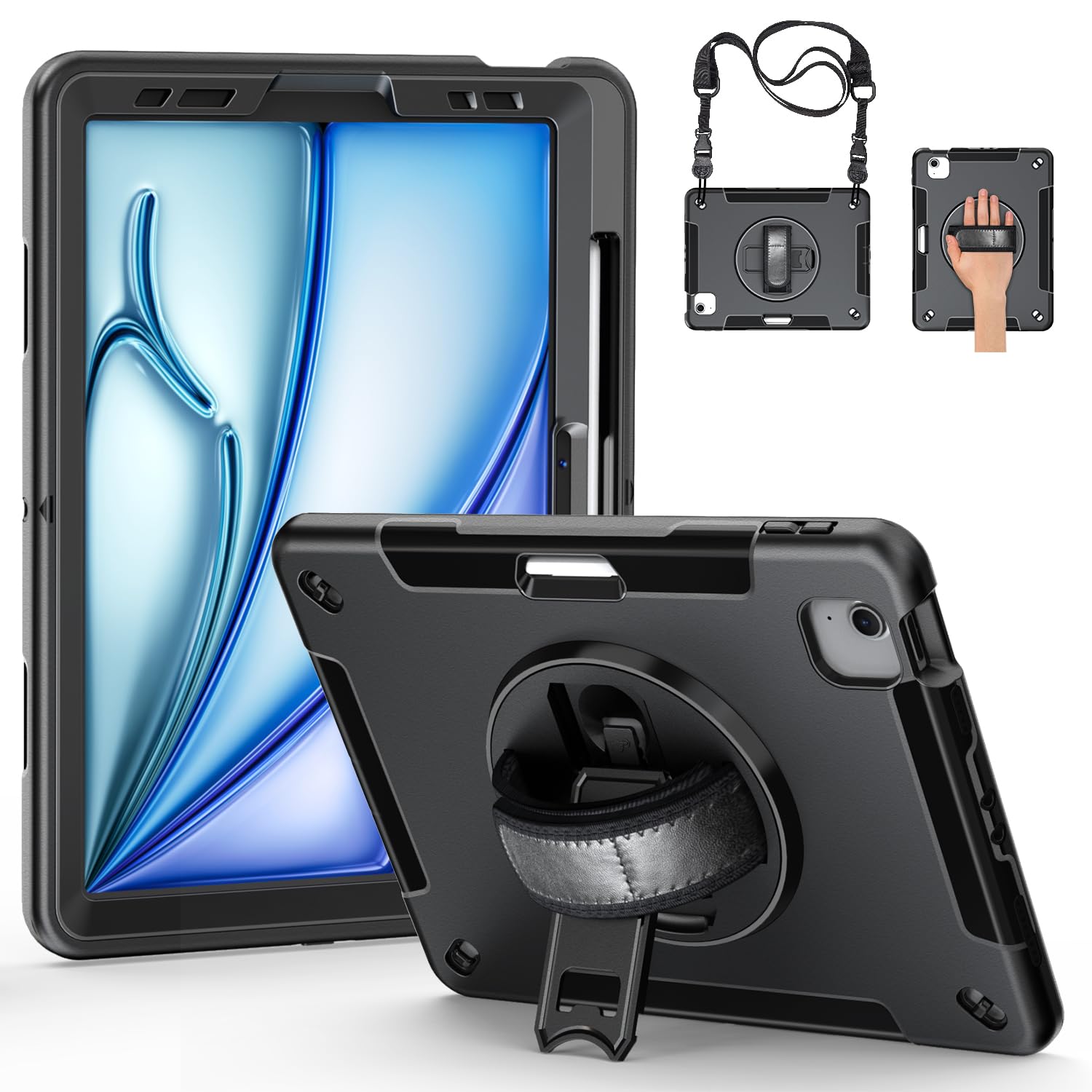ZenRich iPad Air 6時人 11in 入れもの M2 2024,iPad Air 4/5時人 入れもの 耐衝撃覆いかぶせる | 書き込み納める | 360°回転させる照明ランプ | ハンドストラップ | ストラップ iPad Air 第6時人 11in 全面防御することケー