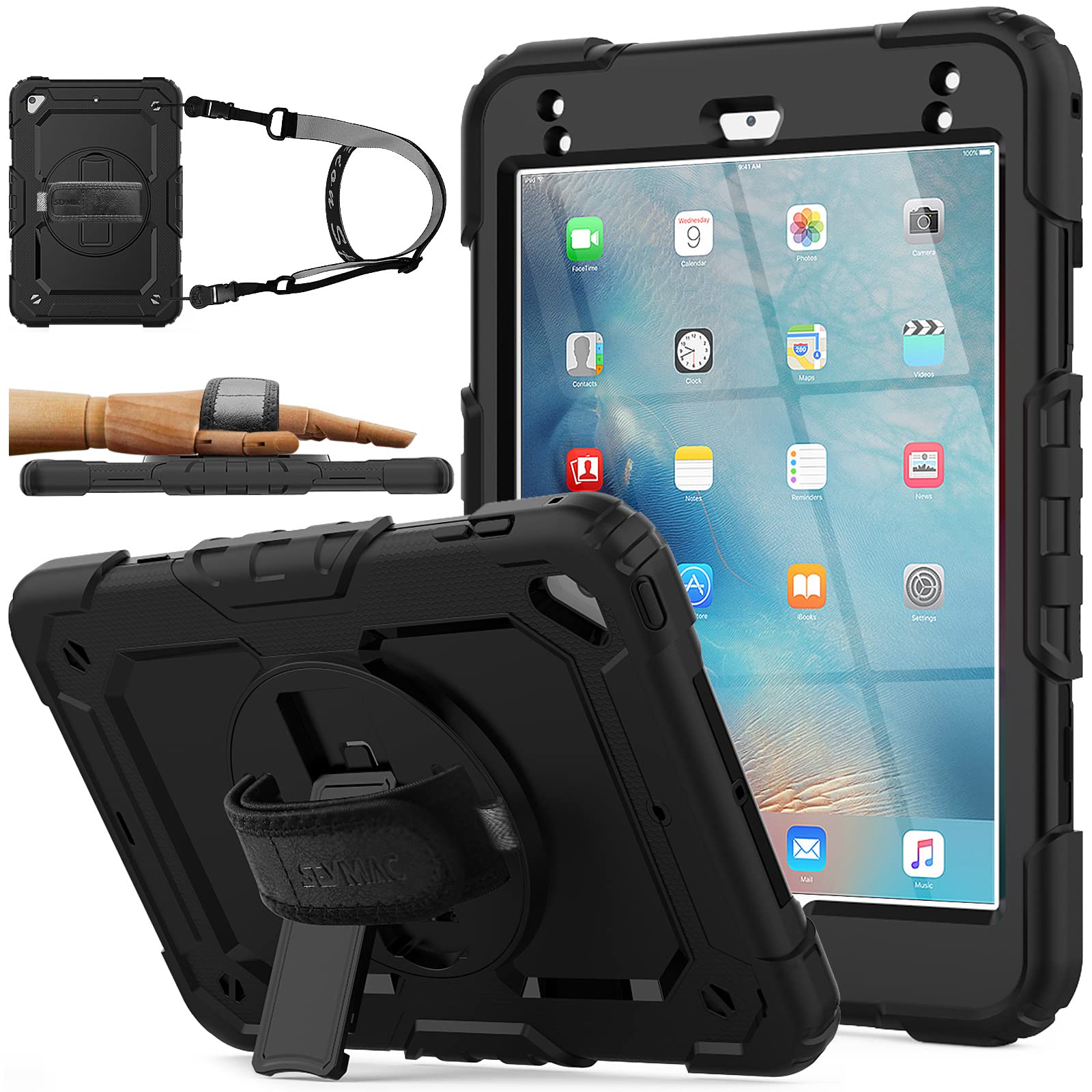 SEYMAC stock iPad Mini5/Mini4 ケース 耐衝撃 保護フィルム付き ペン収納 360°回転スタンド ハンドストラップ ショルダーストラップ 全面保護カバー (ブラック)