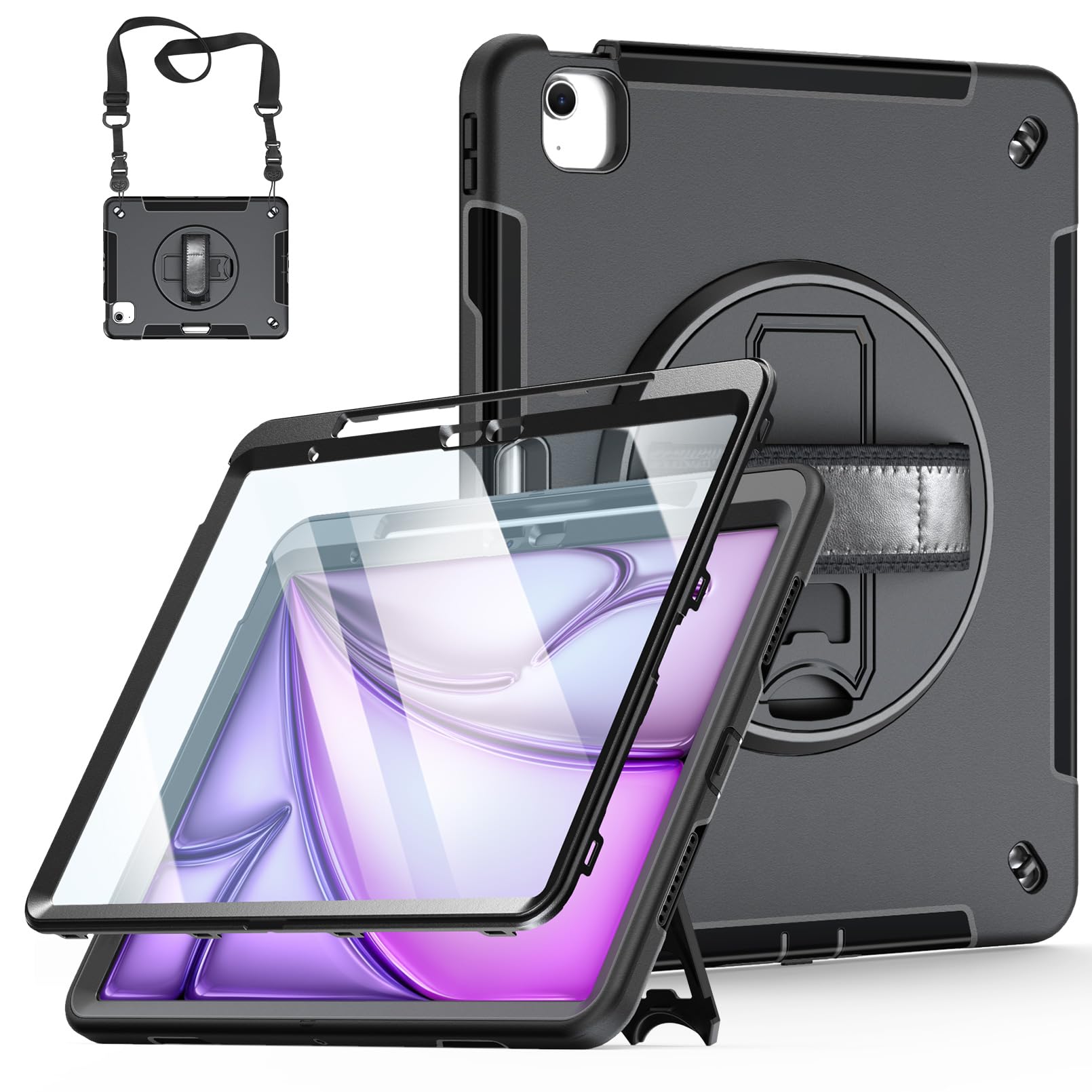 Miesherk iPad Air 13インチ ケース M2 2024専用 iPad Air 保護カバー 耐衝撃 丈夫 防塵 360°回転スタンド 精密カット ペン収納 Pencil Pro/USB-C対応 ハンド＆ショルダーストラップ 仕事 現場 子供に対応