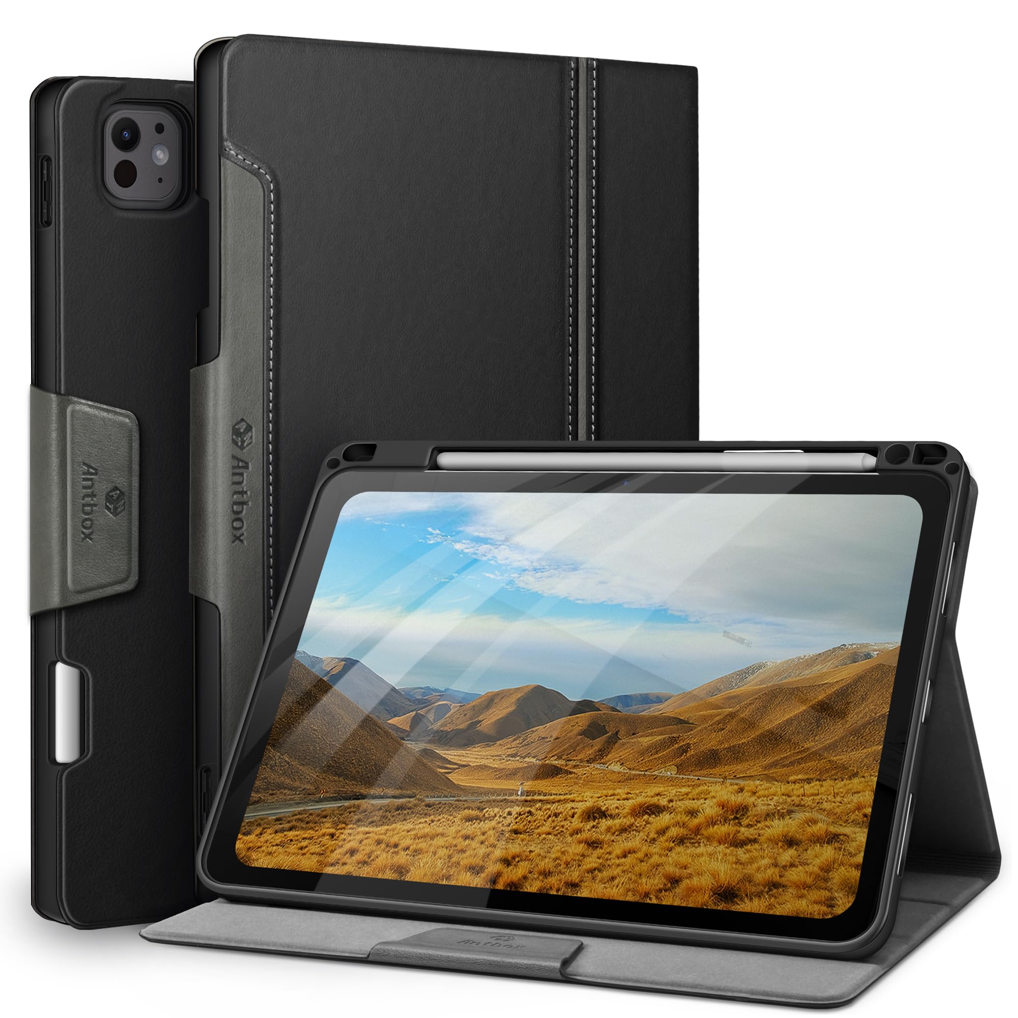 Antbox iPad Pro 11インチ ケース M4 (2024) 専用 ペンシル ホルダー Pencil Pro/USB-C完全対応 ひび割れ防止 ソフトPUレザー マルチスタンド機能 オートスリープ (ブラック)|T.M.Bストア