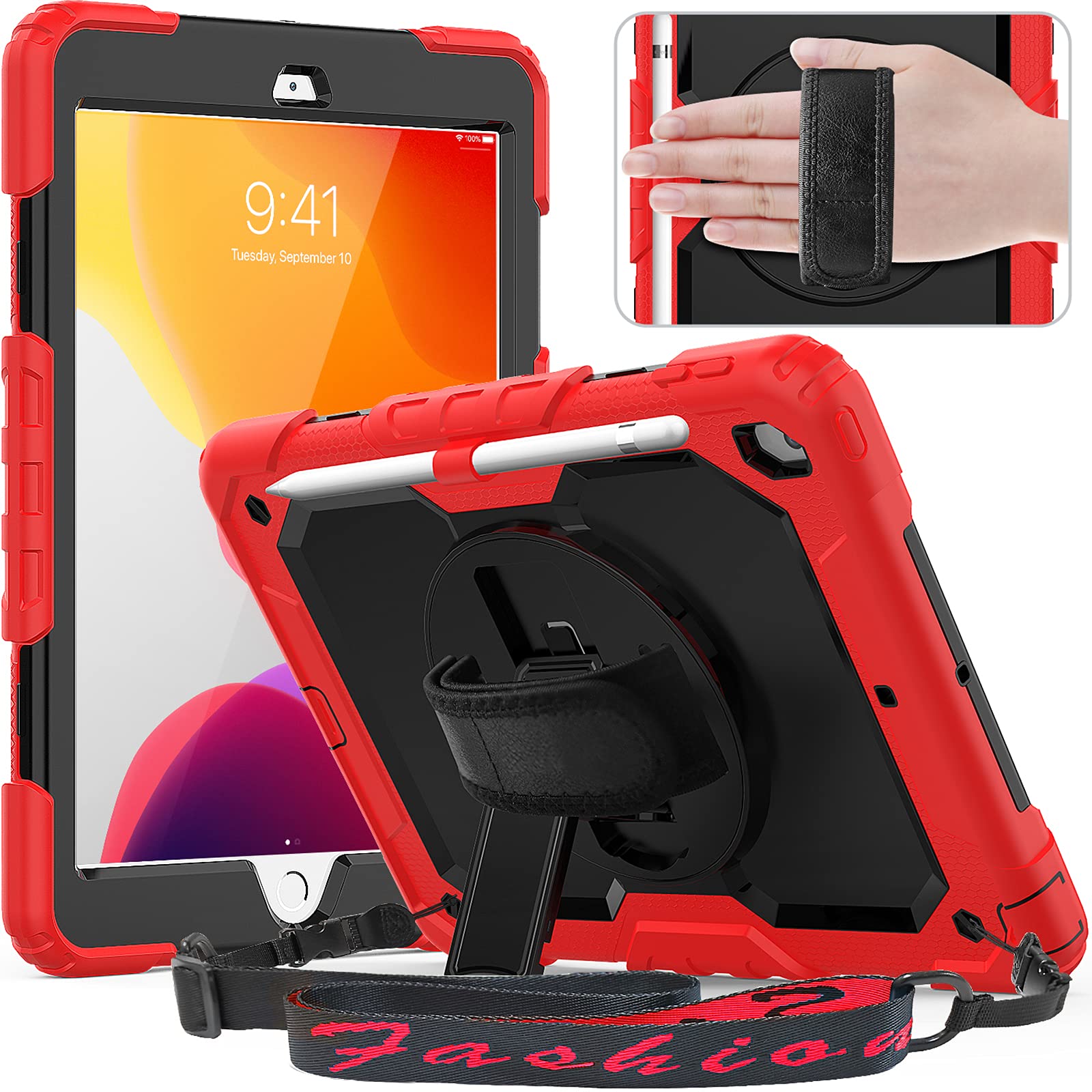 Timecity iPad 10.2 ケース (iPad 第9世代/第8世代/第7世代 ケース 2021/2020/2019型) 保護シール内蔵 360度回転の折り畳スタンド 肩紐 ハンドストラップ付き ペン収納 頑丈 丈夫 ゴツイ 耐衝撃 操作簡単 |T.M.Bストア