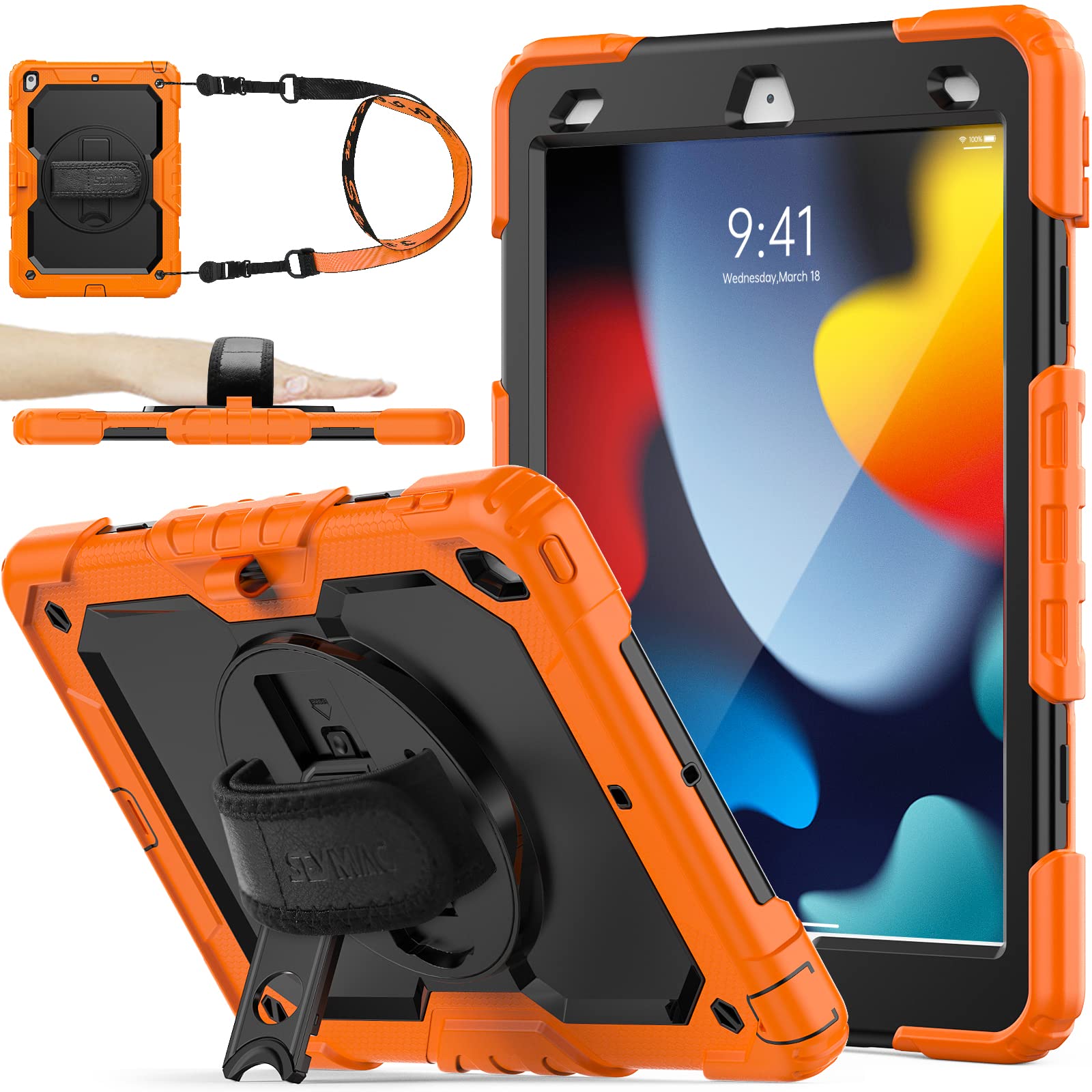 SEYMAC stock iPad 10.2インチ 第9世代/第8世代/第7世代 ケース 耐衝撃 保護フィルム付き ペン収納 360°回転スタンド ハンドストラップ ショルダーストラップ 全面保護カバー (オレンジ+ブラック)|T.M.Bストア