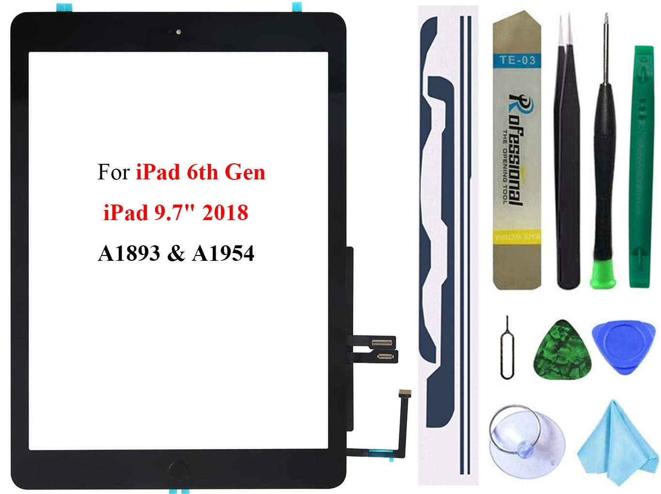 iPad 6 第6世代2018 9.7インチ(A1893 A1954)交換用スクリーンデジタイザー交換 (LCDは含まれません)ホームボタン付き+ プリインストール接着剤 + ツールセット(ブラック)
