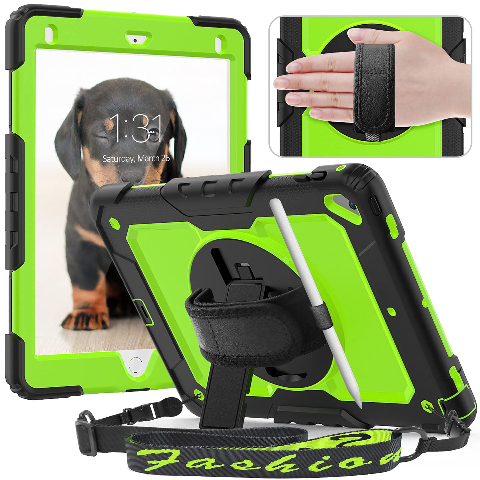 Timecity ipad air2 ケース iPad 9.7 ケース (iPad 第5/ 6世代ケース 2017/ 2018) 保護フィルム内蔵 360度回転の自立収納式スタンド ショルダーベルト ハンドストラップ付き ペン収納 頑丈 丈夫 使いやすい|T.M.Bストア