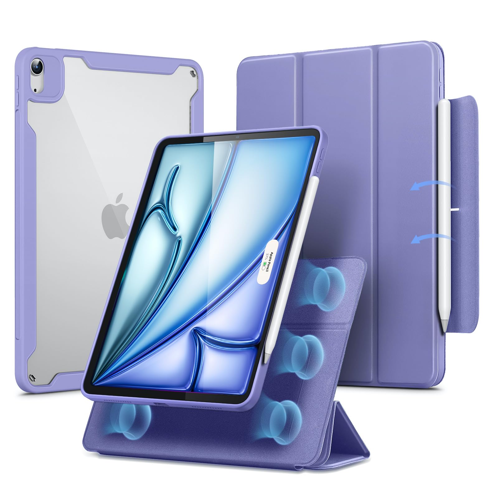 ESR iPad Air 11インチ ケース M2 (2024、第6世代)、iPad Air 第5/4世代 ケース(2022/2020)専用 Pencilホルダー付き 取り外し可能マグネットカバー 縦置き/横置きスタンド Pencil Pro/USB-C完全対応 Rebound 360シリ