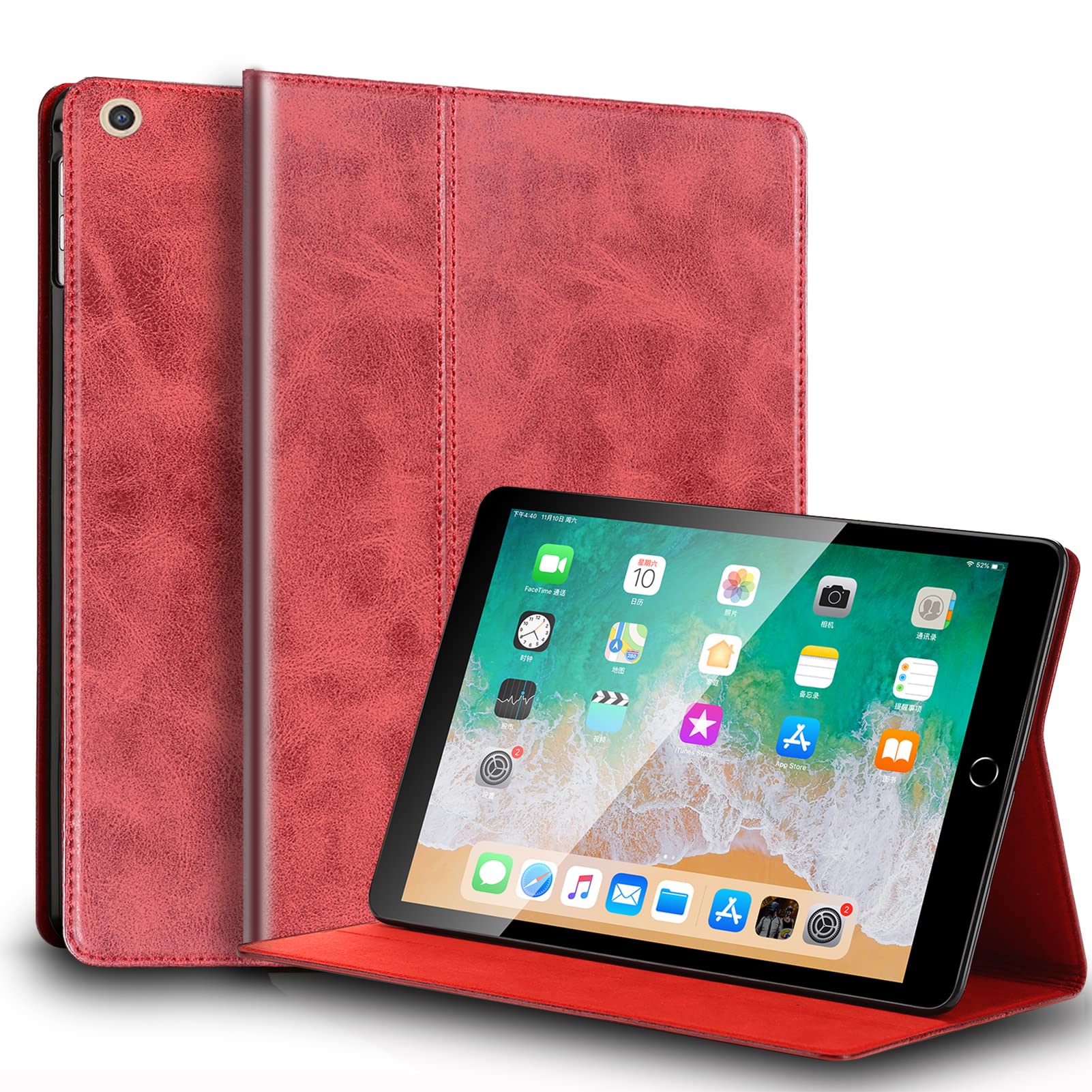 Gexmil ケース iPad 10.2 インチ,9/8/7世代通用 (2021/2020/2019)高級レザー製 耐衝撃性 軽量 防指紋 防滑,オートスリープ/ウェイク,アジャスタブルスタンド,レッド
