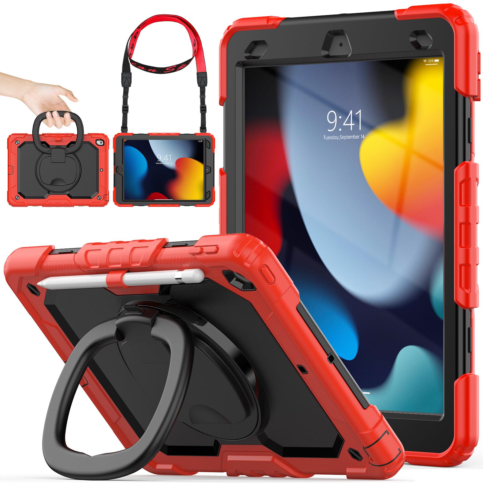 SEYMAC stock iPadケース 第9/8/7世代 リングハンドル耐衝撃ケース 10.2インチ専用 ペン収納 ショルダーストラップ フィルム付きフレーム(レッド+ブラック)|T.M.Bストア