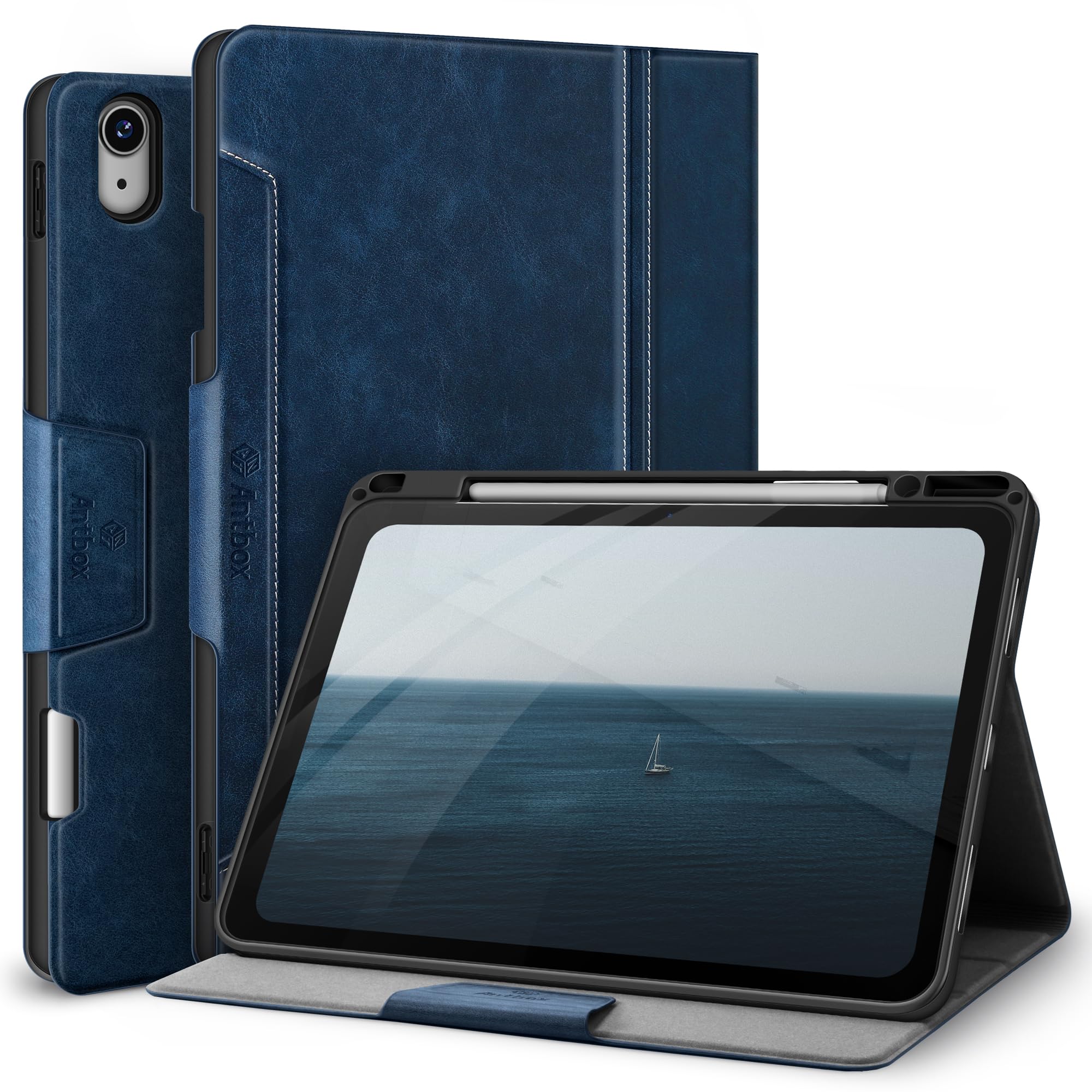 Antbox iPad Air 13in 容れもの M2 (2024) 専用 鉛筆 保持者 Pencil Pro/USB-C完膚なきまで相応う ひび割れる押しとどめる ホンブルグ帽PUなめし革 マルチ照明ランプ役立つこと オートスリープ (青碧)