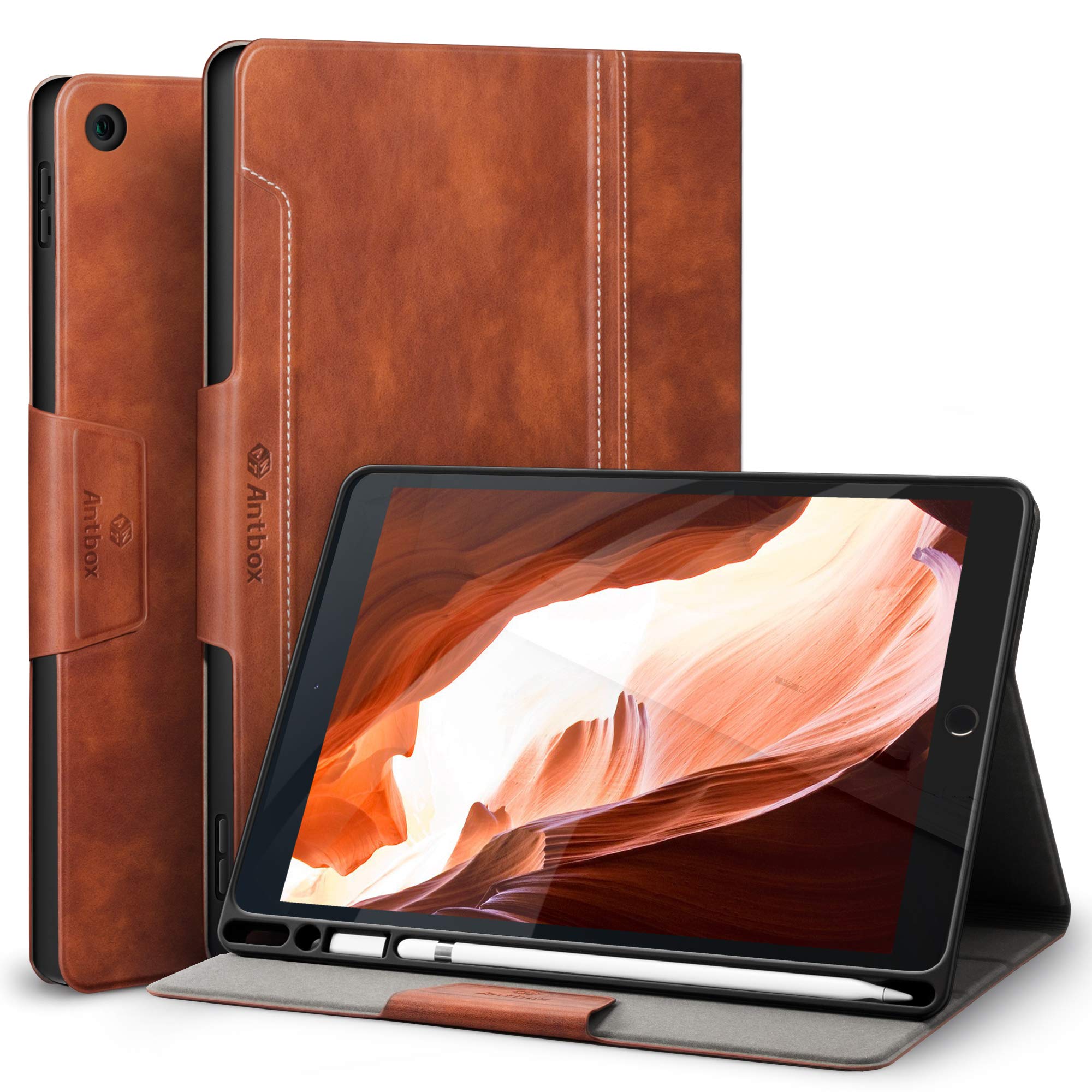 Antbox iPad 9世代 ケース 10.2インチ 第9/8/7世代 ケース 高級ソフトPUレザー製 ひび割れ防止 耐衝撃 アップルペンシル収納可 オートスリープ＆スタンド機能付き 全面保護 iPad第7/8/9世代 カバー (