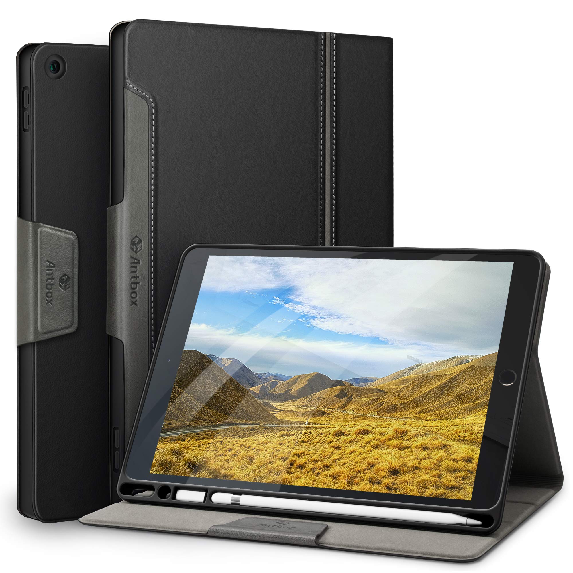 Antbox iPad 9世代 ケース 10.2インチ 第9/8/7世代 ケース 高級ソフトPUレザー製 ひび割れ防止 耐衝撃 アップルペンシル収納可 オートスリープ＆スタンド機能付き 全面保護 iPad第7/8/9世代 カバー (