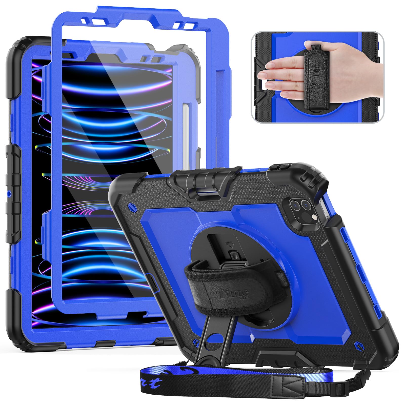 Timecity iPad Pro 11 インチ ケース 2022/ 2021/ 2018/ 2020型 ケース 耐衝撃 保護フィルム付き 360度回転の折り畳スタンド ハンドストラップ付き ペン収納 無線充電機能 防塵 キズ防止 子ども 頑丈 丈夫|T.M.Bストア