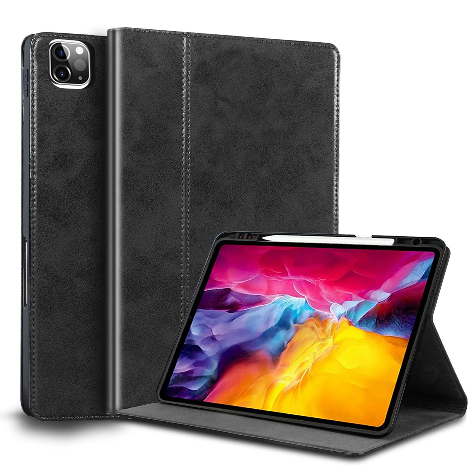 Gexmil ケース iPad Pro 11 インチ,4/3/2/1世代通用 (2022/2021/2020/2018) 高級レザー製 ペン収納,衝撃防止 保護ケース 耐衝撃性 軽量 防指紋,オートスリープ/ウェイク,ブラック