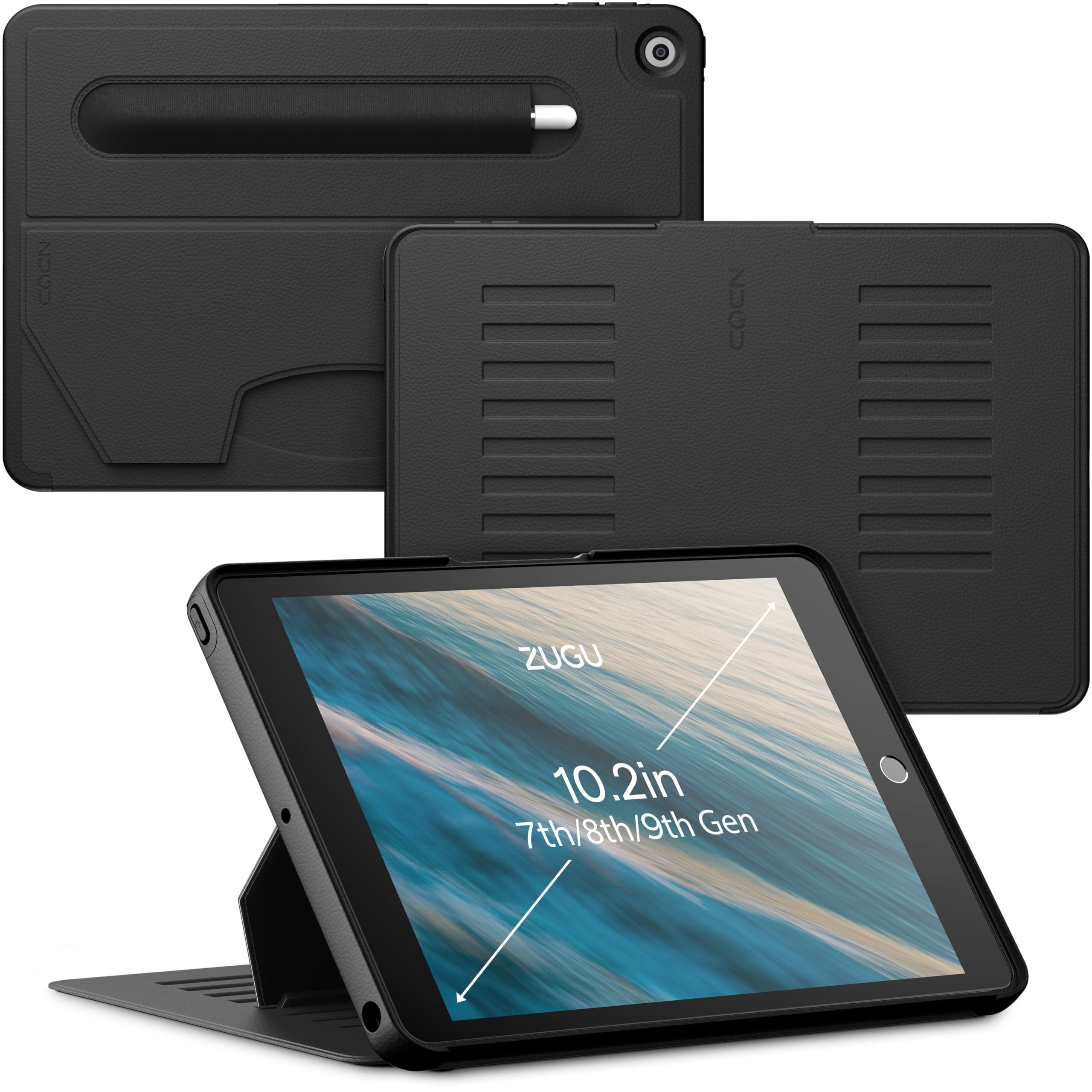 ZUGU iPad 第9 / 8 / 7時人 入れもの (2021, 2020, 2019) 10.2in 極薄 落っこちるぼうぜん自失防御すること ８座標軸 照明ランプ 役立つこと オートスリープ 書き込み保持者 かっこ良い覆いかぶせる (iPad 9 / 8 / 7 入れもの, 黒いこと)