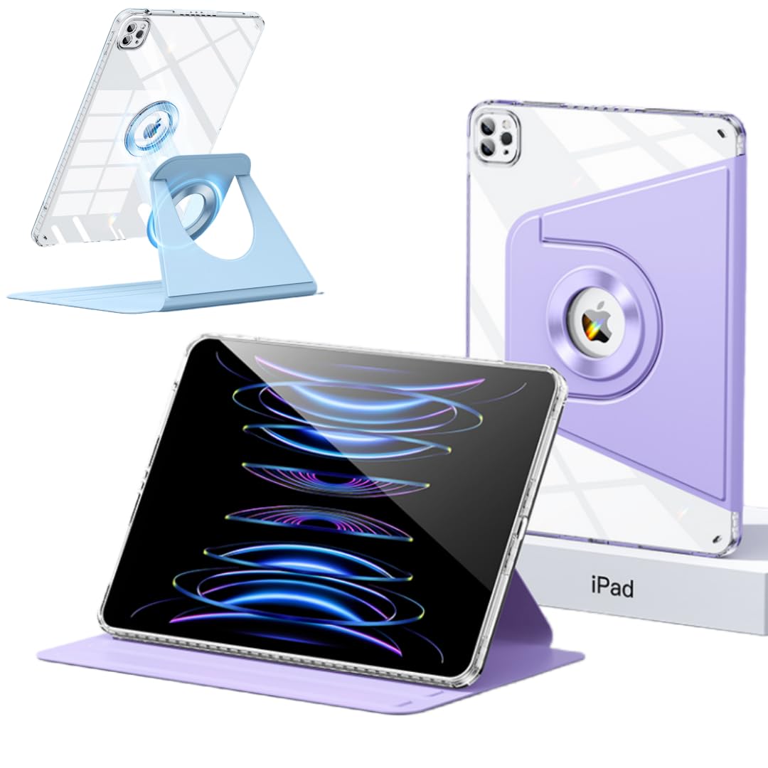 磁気吸着 iPad Pro 12.9 第6/5/4世代 カバー 縦置き 分離式 360度回転式 透明ペン収納 子供 耐衝撃 カバー マグネットス吸着式 iPad Pro12.9 (2022/2021/2020/2018)タブレットPCケース 軽量, パープル