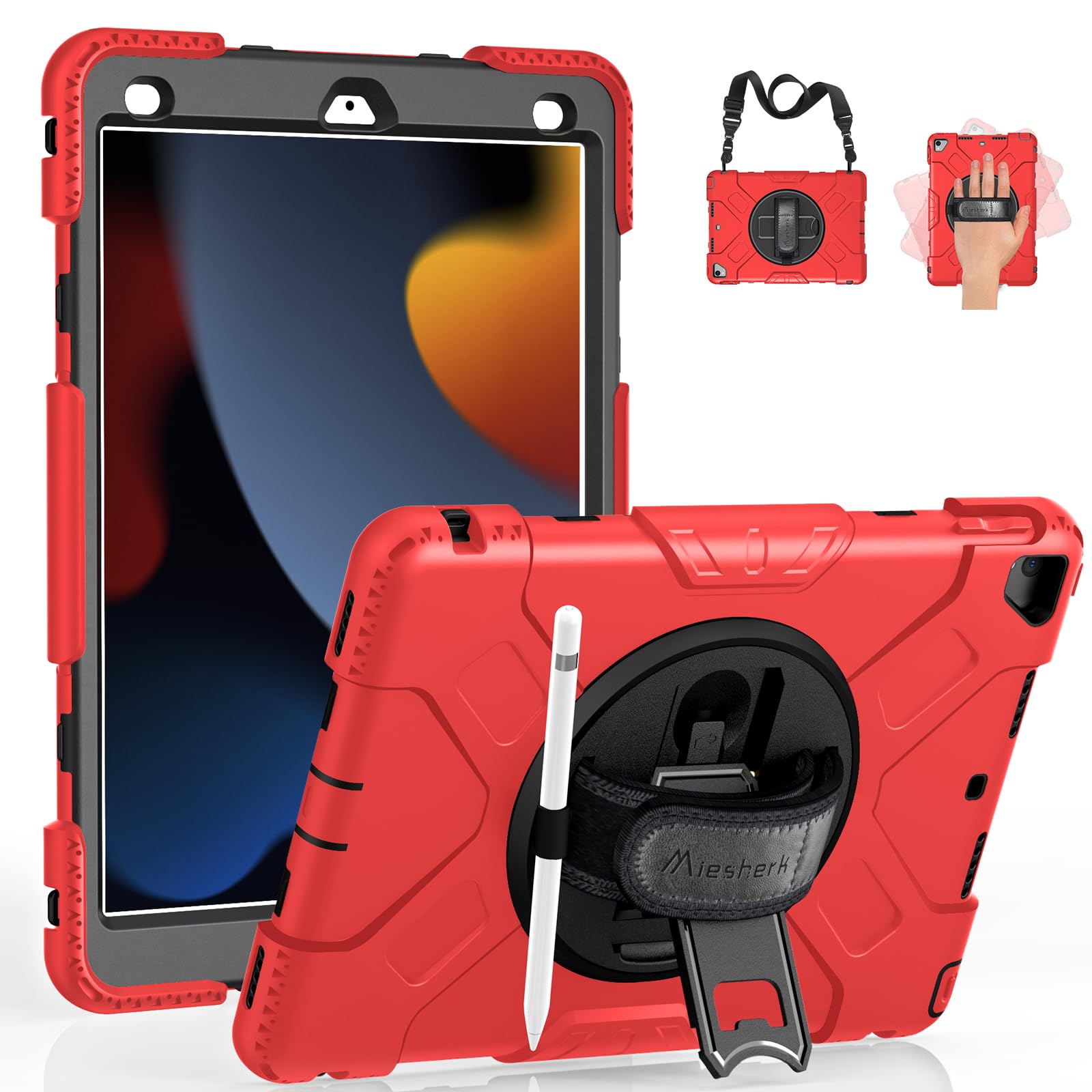 Miesherk ipad 9世代 ケース ipad 10.2インチ 第9/8/7世代（2021/2020/2019） 全身保護ケース 耐衝撃 頑丈 防塵 360&deg;回転ipad スタンド ペン収納 ショルダー/ハンドストラップ 全面保護カバー｜T.M.Bストア