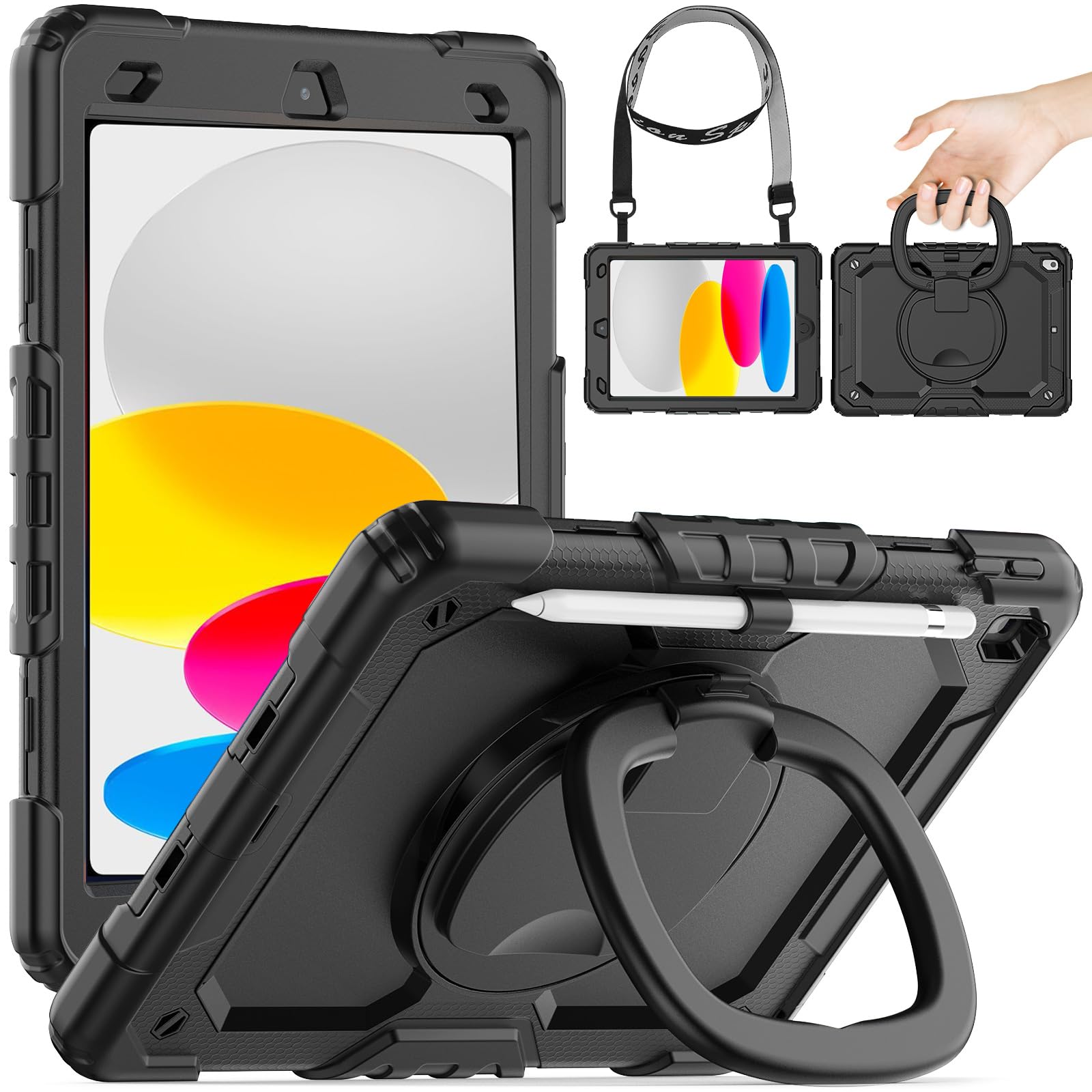 Timecity iPad 第10世代 ケース 2023モデル 耐衝撃 iPad 10世代 ケース 10.9インチ 360度回転リングスタンド 保護フィルム付き ペン収納 ハンドストラップ ショルダーストラップ付き 頑丈 傷防止 保護|T.M.Bストア