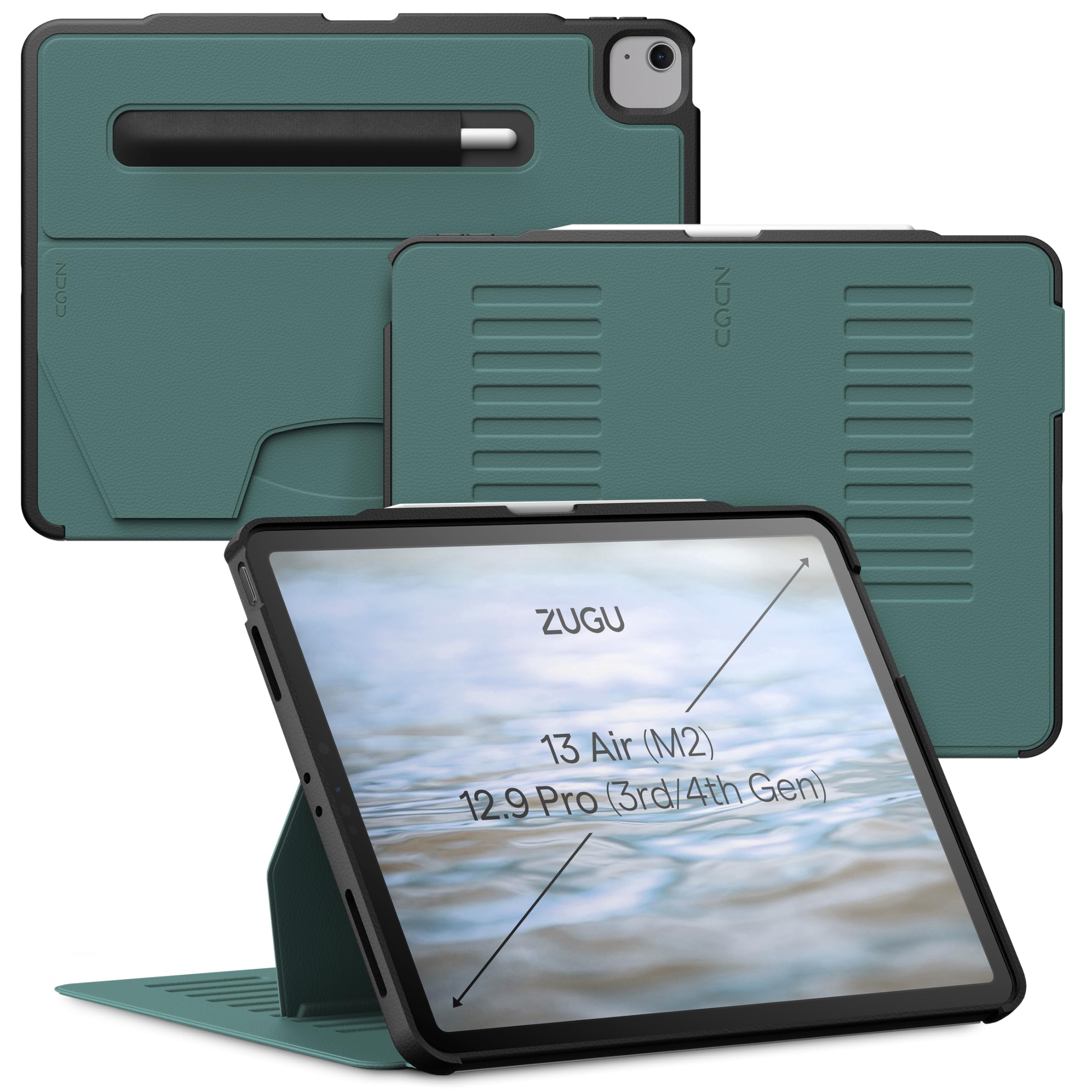 Zugu iPad Air ケース 13 M2 2024 / iPad Pro 12.9 (第3世代/第4世代), 極薄 落下衝撃保護 10段階スタンド機能 Apple ペンホルダー ワイヤレス充電 オートスリープ スマートカバー (パイングリーン)