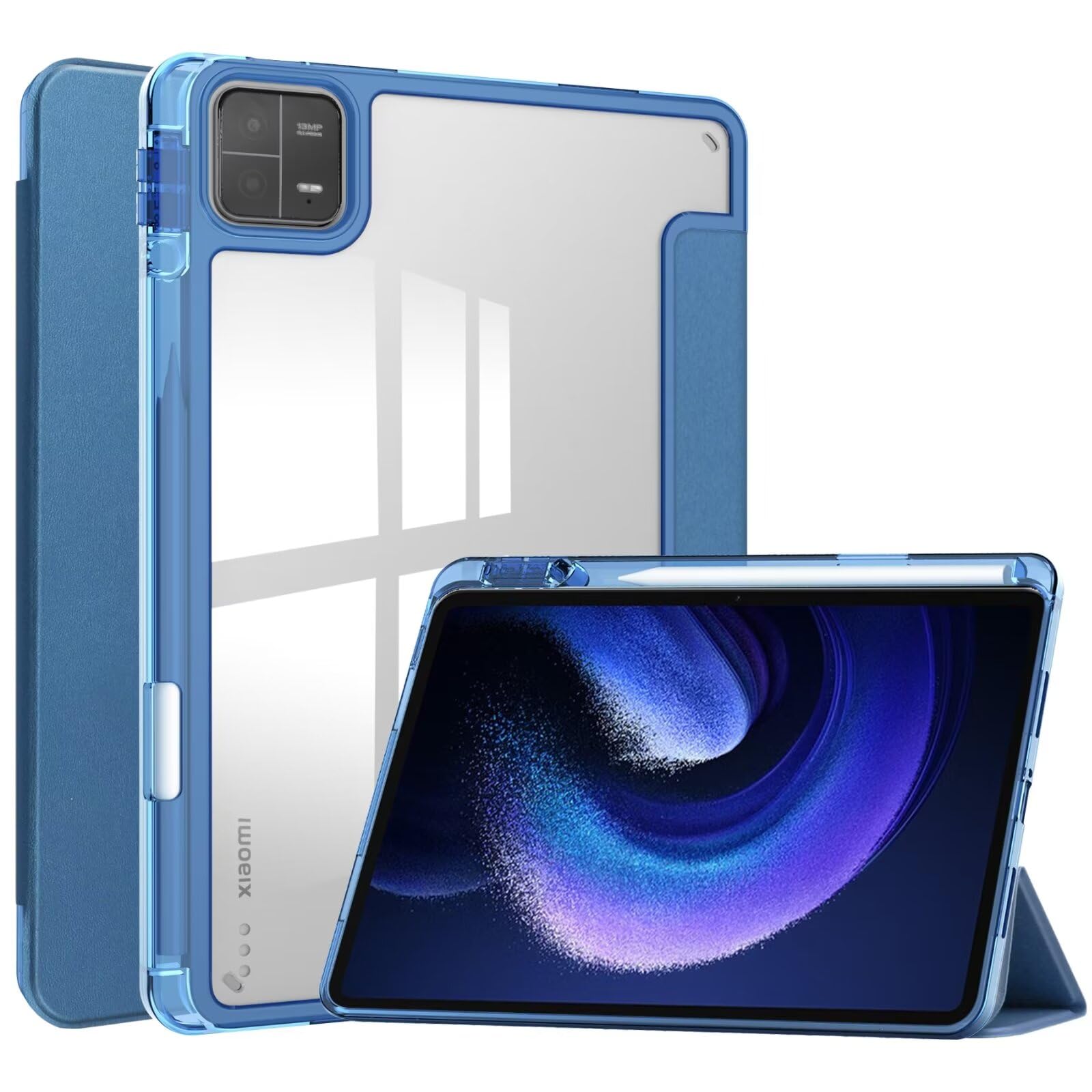 Xiaomi Pad 6 ケース 背面透明 クリア スマートペン 収納 オートスリープ 3つ折りスタンド Android シャオミ Pad6 タブレット カバー 透明 耐衝撃 軽量,ブルー