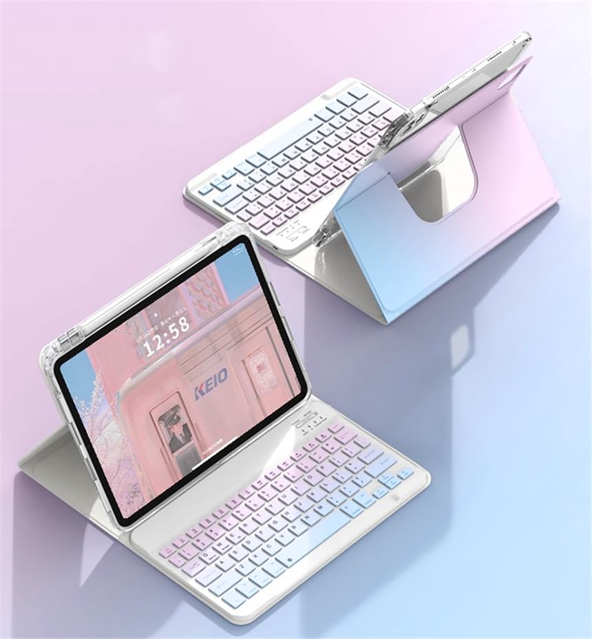 横／縦両方対応 iPad 10.2 第 9 8 7世代 キーボード ケース グラデーション 360度 回転可能 iPad 7 8 9 ケース 取り外し可能 Bluetooth ワイヤレス キーボード 軽量 分離式 透明 カバー 可愛い ペン収納