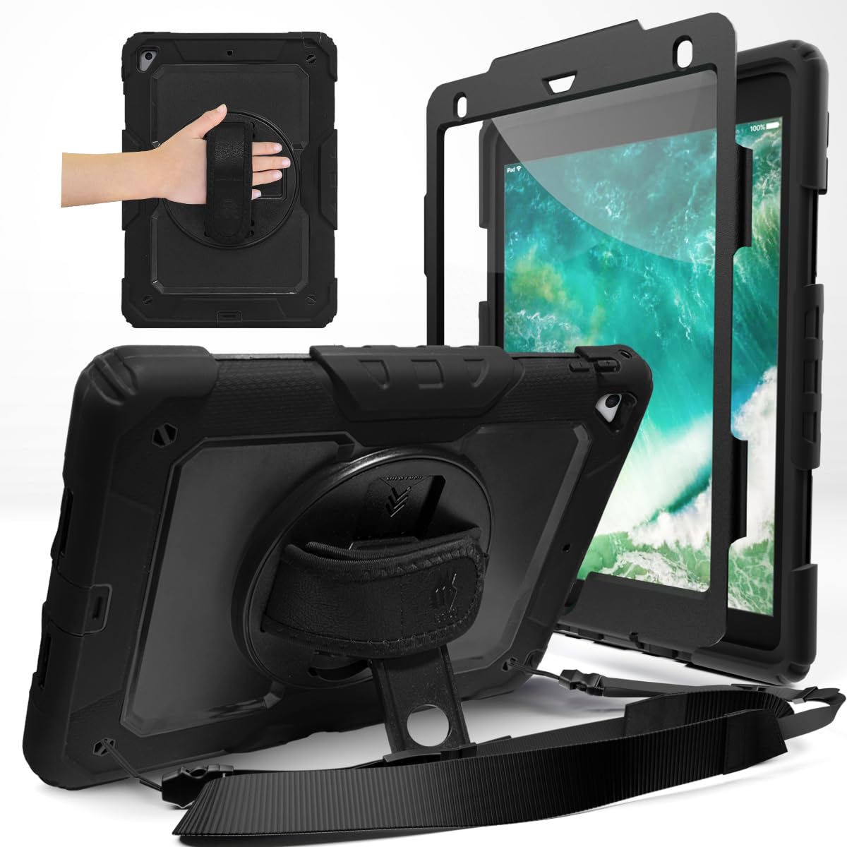 MS factory iPad 第6世代 第5世代 用 ケース Air2 Pro 9.7インチ アイパッド 9.7 カバー 耐衝撃 ペン収納 キッズ 保護 フィルム 付き ショルダー ハンドストラップ 360°回転 スタンド ブラック 黒 IPD-5-SH