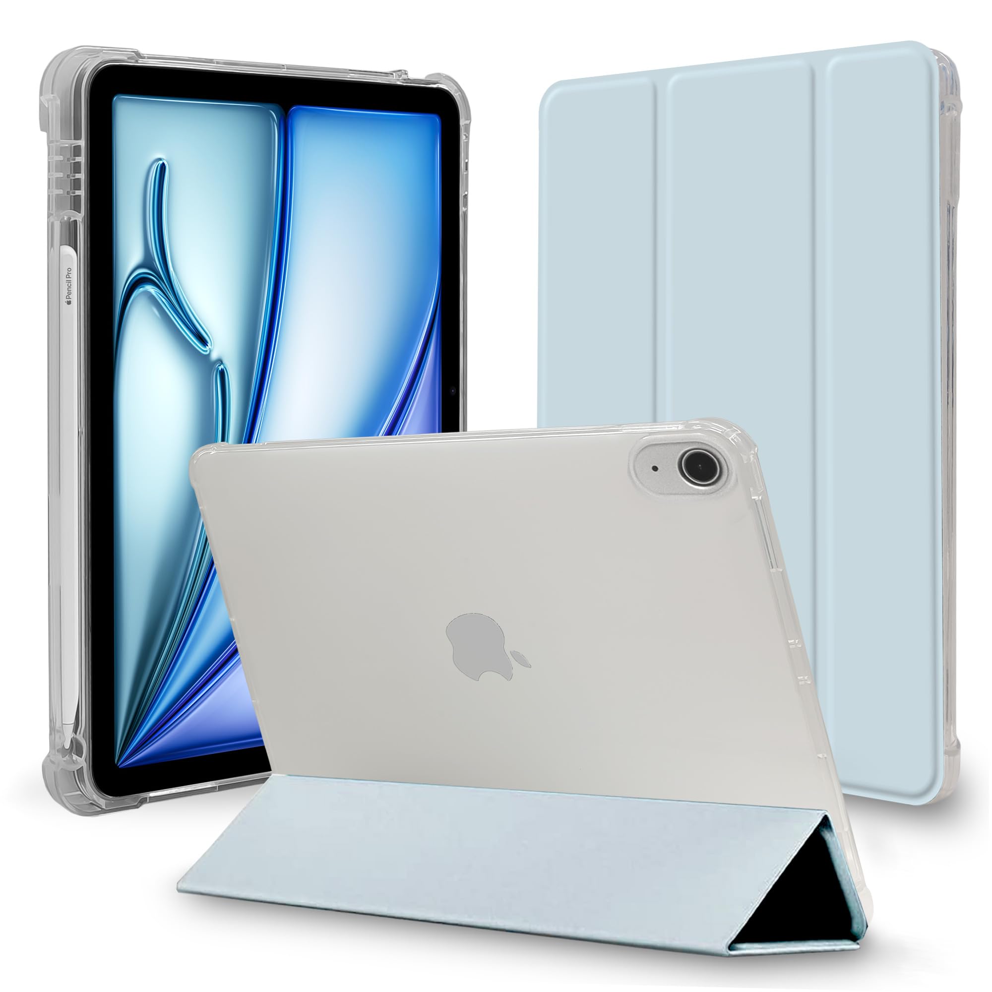 MS factory iPad Air 11インチ 用 ケース 2024 M2 Air 第5/4世代 カバー 耐衝撃 ペン収納 軽量 衝撃吸収 半透明 ソフトTPU アイパッドエアー 第6世代 第5世代 第4世代 アリス ブルー 水色 IPDA4-S-CLH-LSK