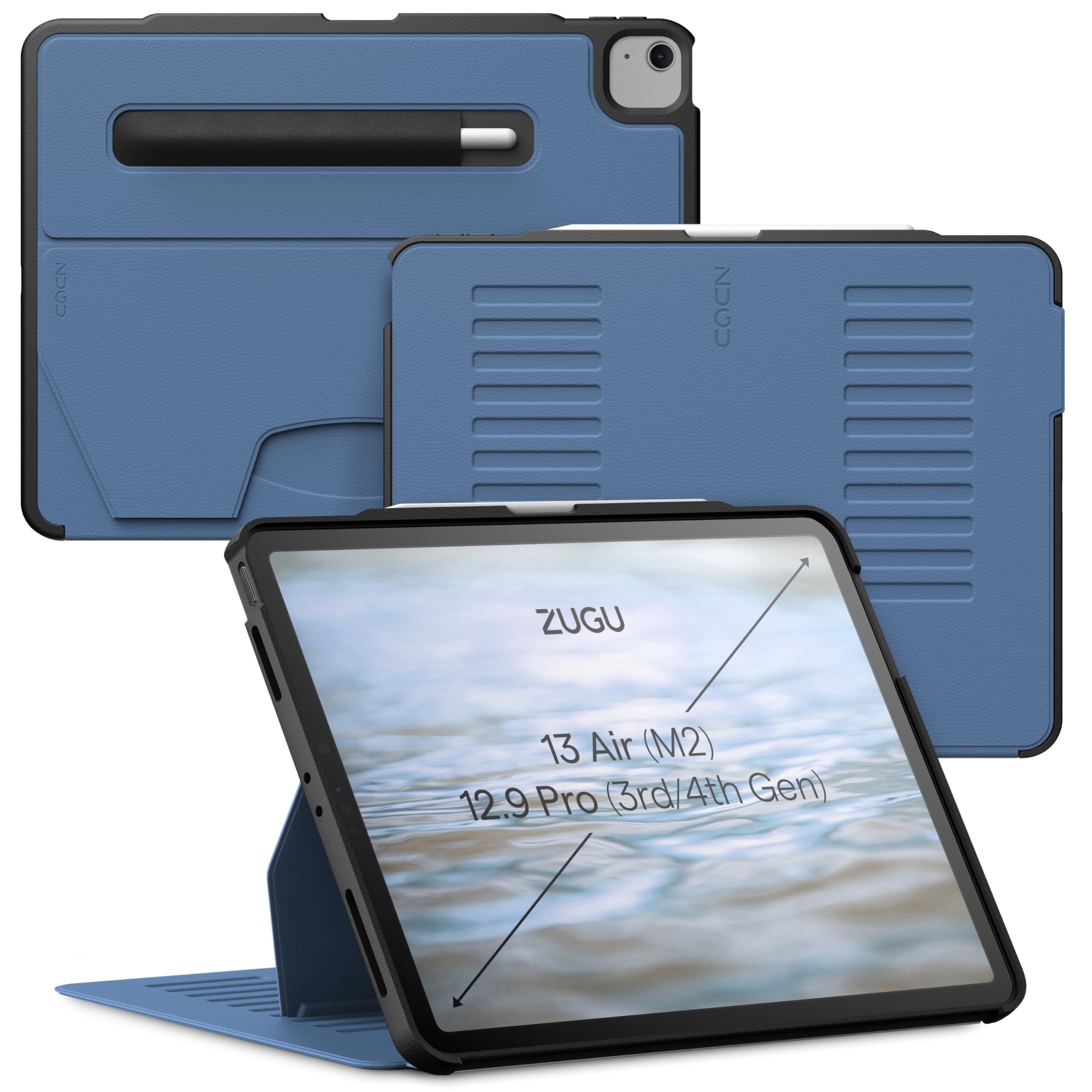 Zugu iPad Air ケース 13 M2 2024 / iPad Pro 12.9 (第3世代/第4世代), 極薄 落下衝撃保護 10段階スタンド機能 Apple ペンホルダー ワイヤレス充電 オートスリープ スマートカバー (スレートブルー)