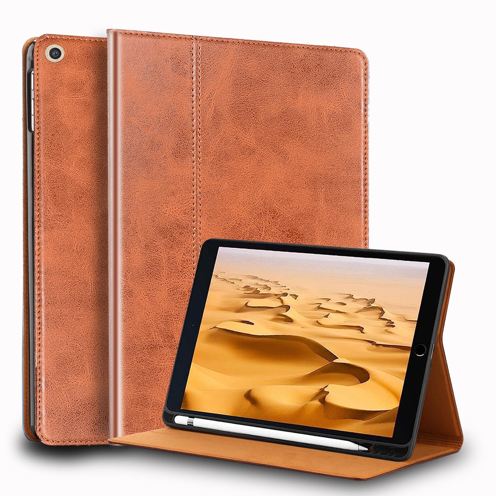 Gexmil ケース iPad 10.2 インチ,9/8/7世代通用 (2021/2020/2019) 高級レザー製 ペン収納,衝撃防止 保護ケース 耐衝撃性 軽量 防指紋,オートスリープ/ウェイク,Brown Flower