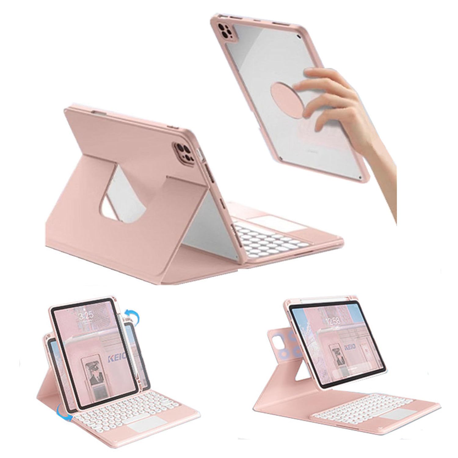 360度回転式 iPad 10.2 キーボードケース タッチパッド搭載 iPad 第 9 8 7世代 iPad7 iPad8 iPad9 ケース 丸型キー ペン収納 横/縦置き対応 マグネット 分離式 磁気 取り外し可能 透明背面カバー 脱着式