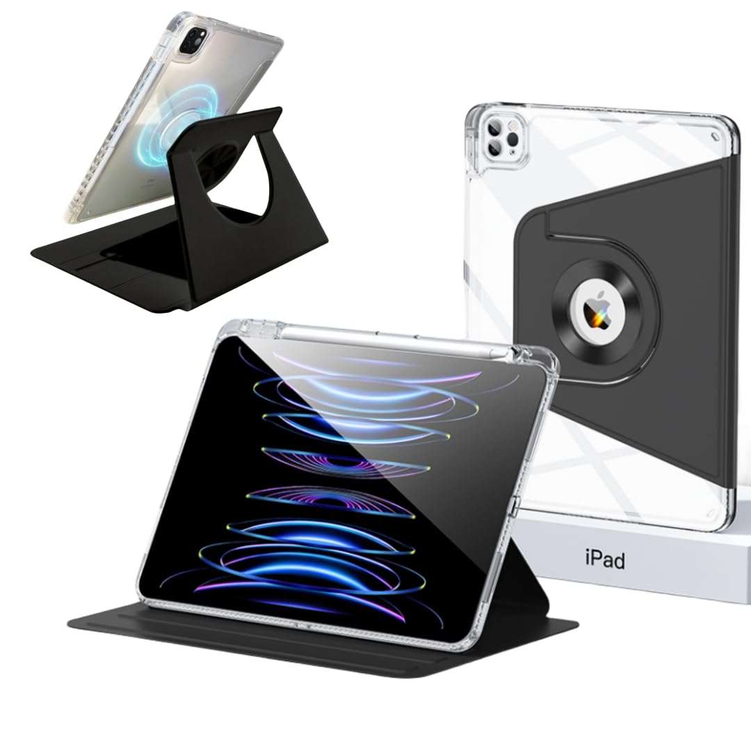 磁気吸着 iPad Pro 12.9 第6/5/4世代 カバー 縦置き 分離式 360度回転式 透明ペン収納 子供 耐衝撃 カバー マグネットス吸着式 iPad Pro12.9 (2022/2021/2020/2018)タブレットPCケース 軽量, ブラック