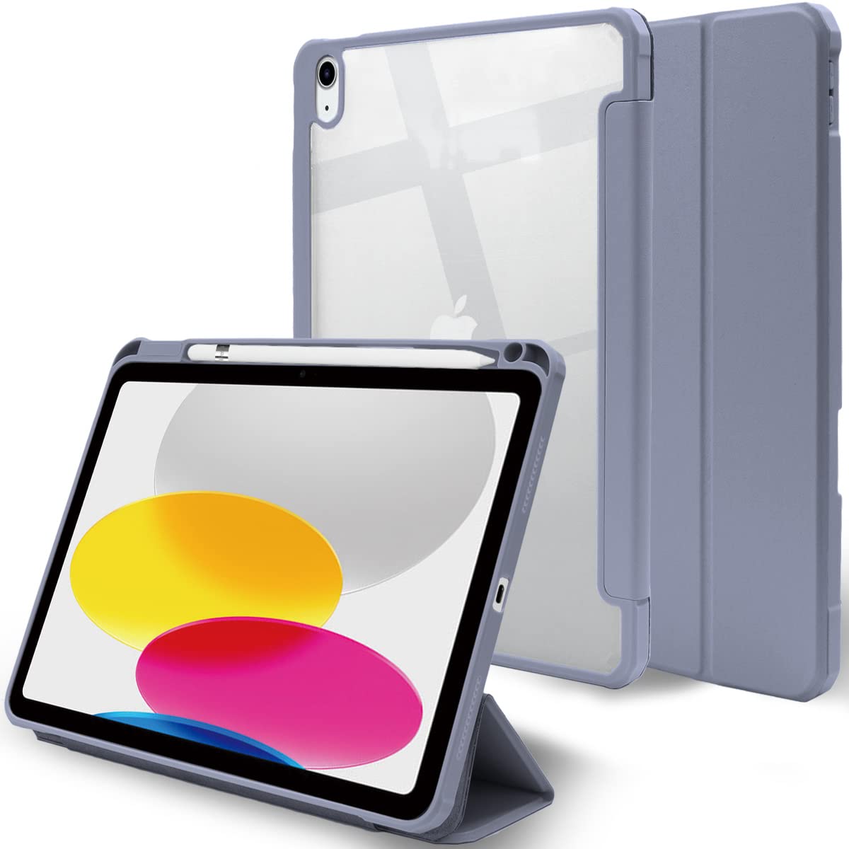 MS factory iPad 第10世代 用 ケース iPad 10 背面透明 ペンシル収納 カバー 耐衝撃 アイパッド 10.9 2022 軽量 スタンド オートスリープ ラベンダー グレー IPD-10-NO-DET-LAVG