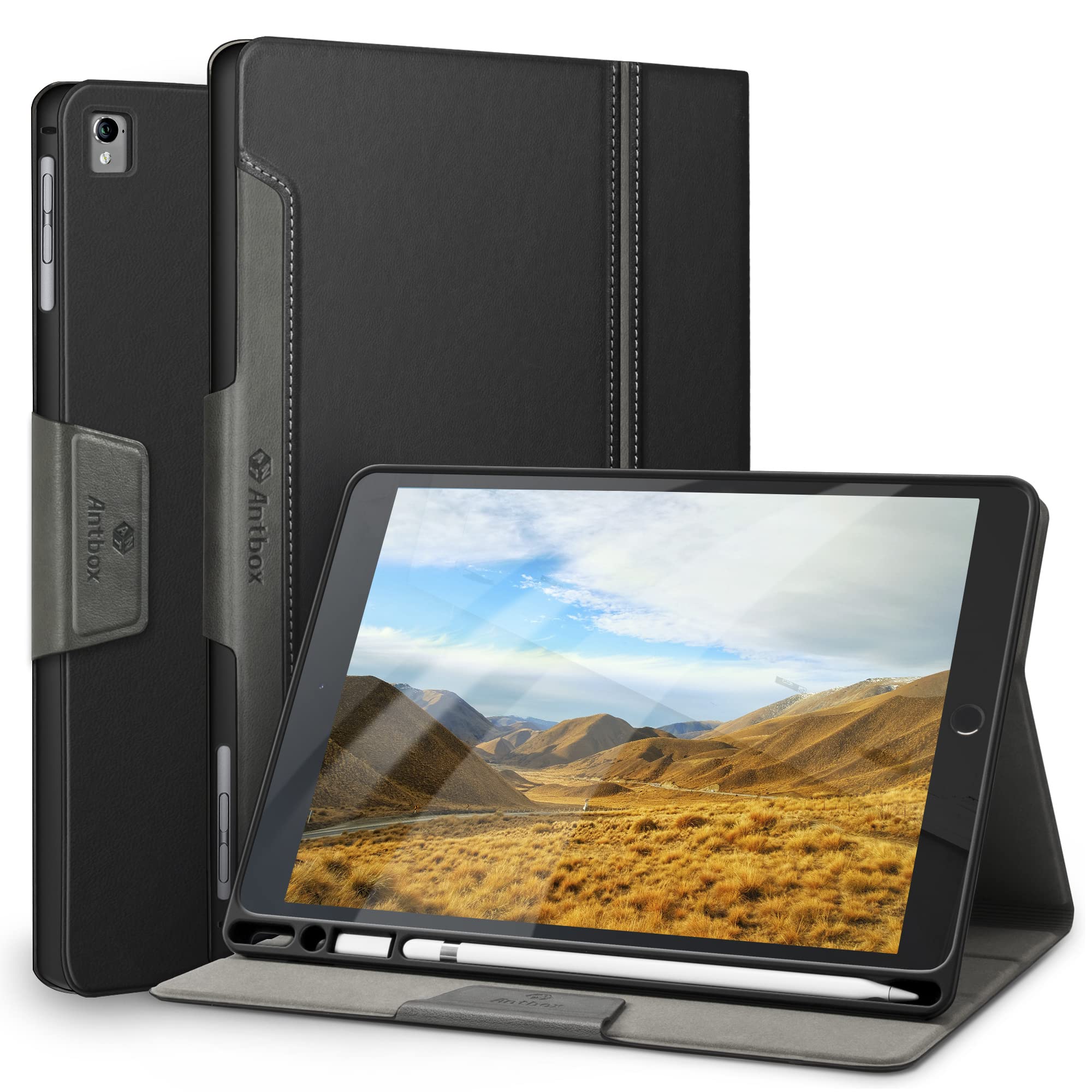 Antbox iPad 9.7 ケース(iPad 第6/5世代 ケース) iPad Air2 ケース/iPad Air ケース/iPad Pro 9.7 ケース 高級ソフトPUレザー製 アップルペンシル収納 オートスリープ＆スタンド機能付き 手帳型 ひび割れ防止