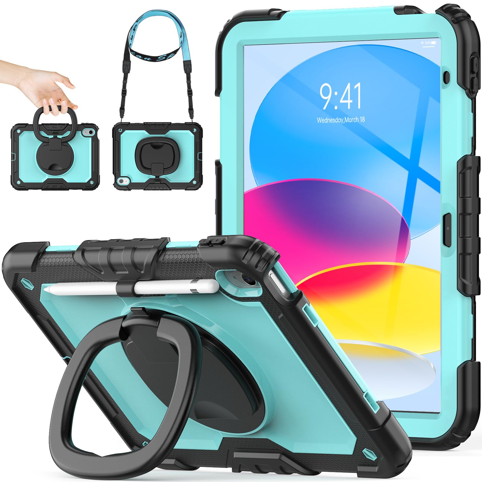 SEYMAC stock iPadケース 第10世代 リングハンドル耐衝撃ケース 10.9インチ専用 ペン収納 ショルダーストラップ フィルム付きフレーム（ライトブルー+ブラック）｜T.M.Bストア 8,073円