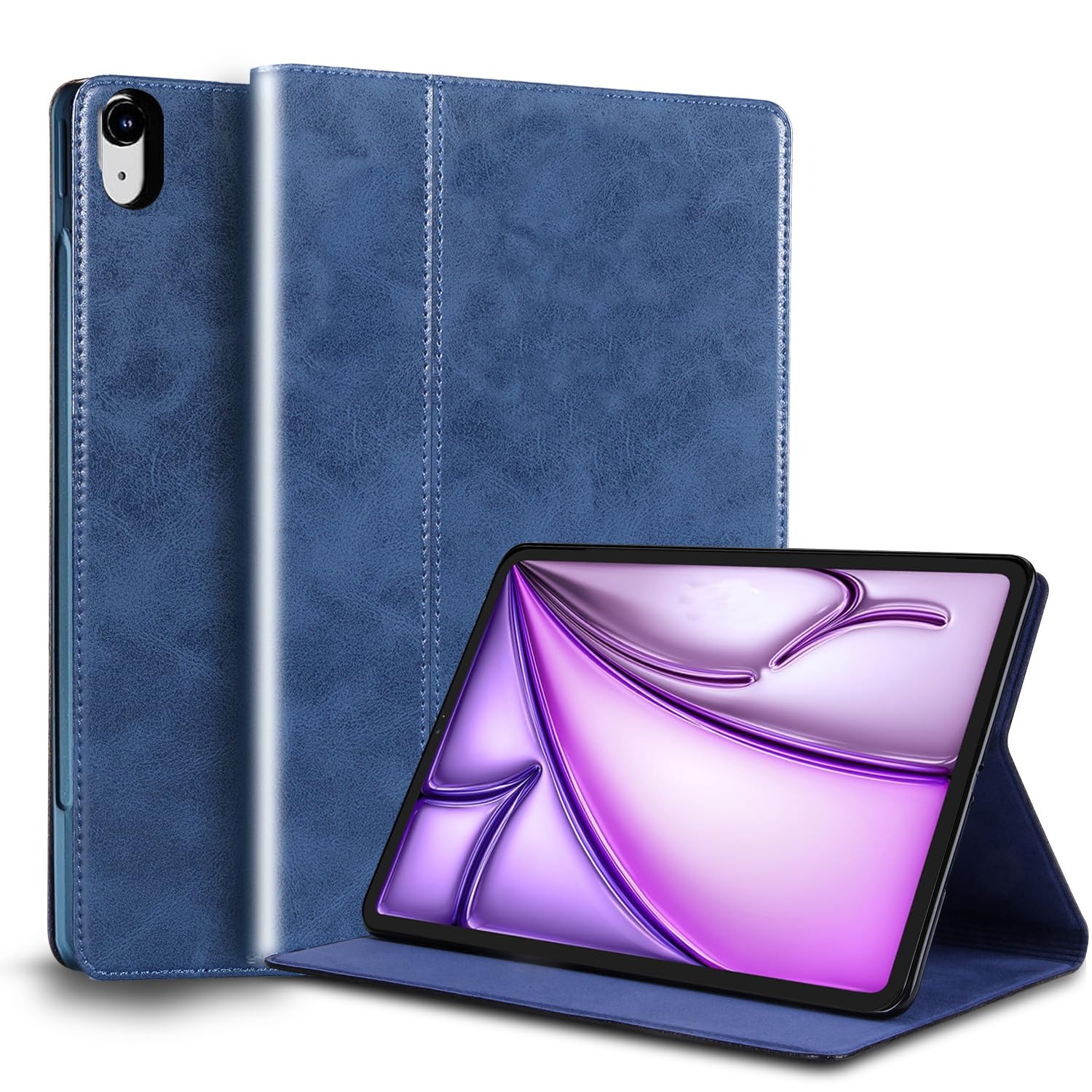 Gexmil for iPad Air 13 インチ M2 2024 ケース,高級レザー製 アジャスタブルスタンド,衝撃防止 手帳型 保護ケース オートスリープ/ウェイク 防滑 シンプル おしゃれ レザーケース, ブルー