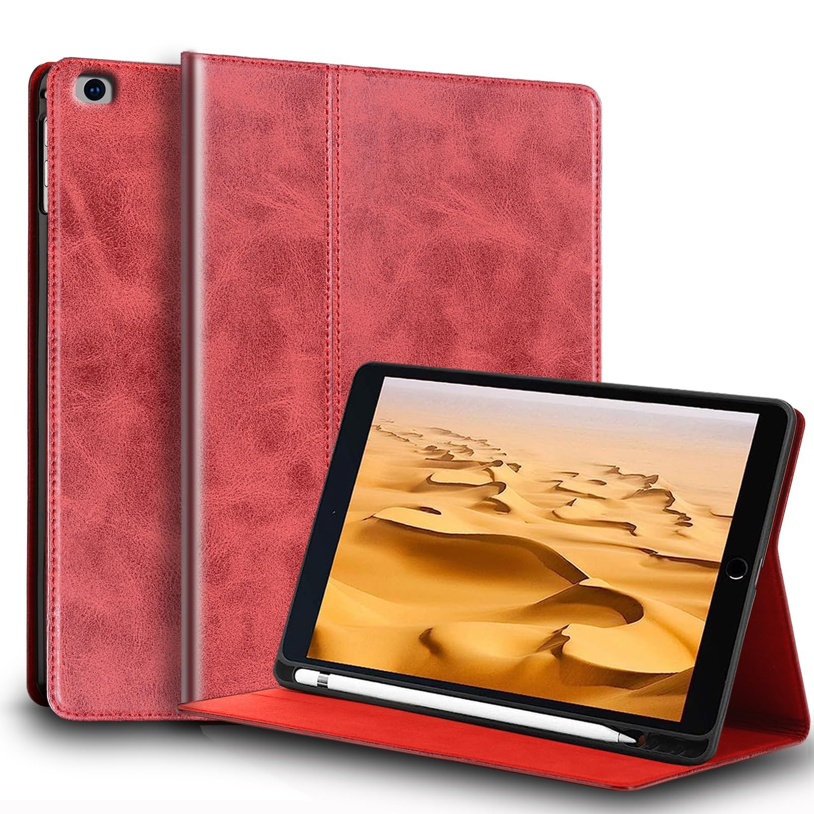 Gexmil ケース iPad Mini 7.9 インチ,5/4世代通用 (2013/2012) 高級レザー製 ペン収納,衝撃防止 保護ケース 耐衝撃性 軽量 防指紋,オートスリープ/ウェイク,レッド