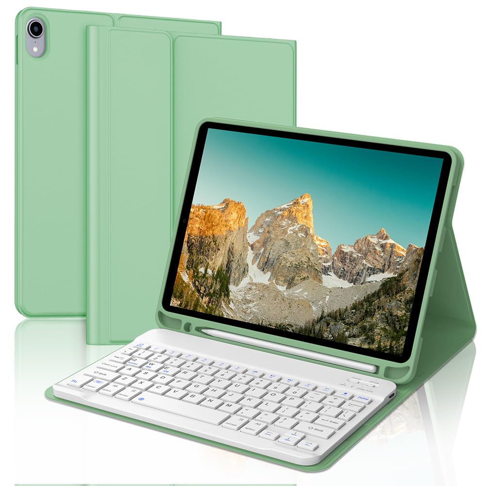 iPad 第10時人 鍵盤 容れもの 10.9in 2022年 耐衝撃 脱着式 鍵盤 取りまかなう 無線電話 bluetooth 鍵盤付き添い人容れもの 多角度合わせる オートスリープ役立つこと付き添い人 Pencil納める ライトグリーン