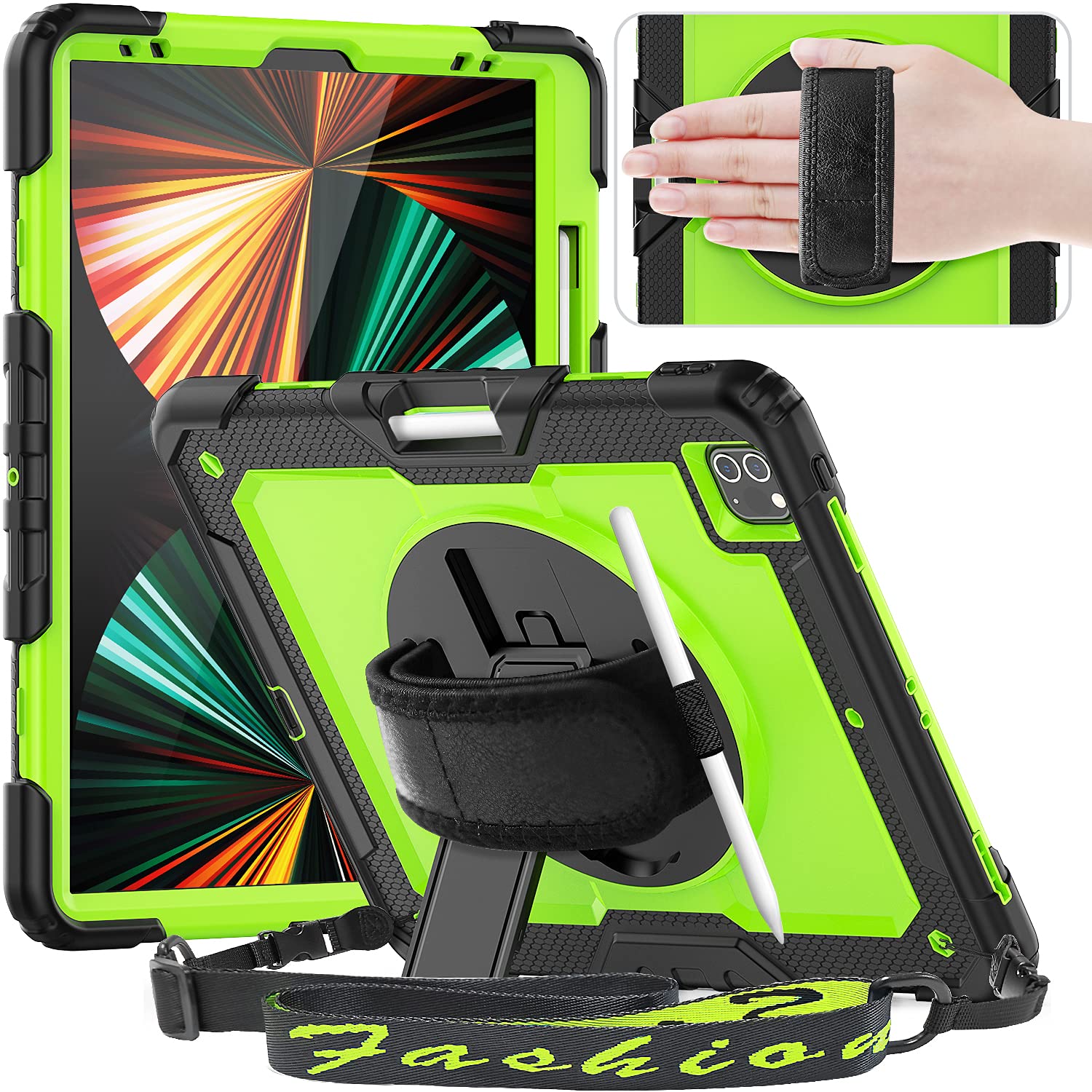 Timecity iPad Pro 12.9 ケース 2022新型 第6/ 5/ 4/ 3世代 頑丈 耐衝撃 ワイヤレス充電対応 スタンド機能 保護フィルム付き ペン収納 ハンドストラップ付き 肩掛け 首掛け キズ防止 子供 耐久性 工事
