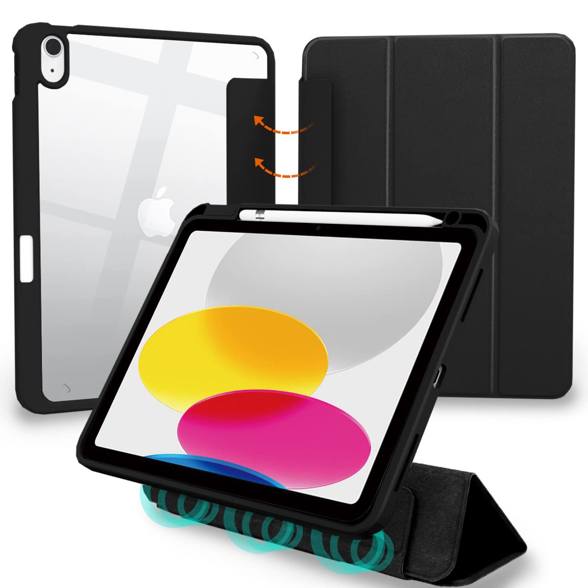MS factory iPad 第10世代 用 ケース iPad 10 液晶カバー 取り外し可能 背面透明 ペン収納 カバー 耐衝撃 アイパッド 10.9 2022 スタンド オートスリープ ブラック 黒 IPD-10-S-DET-BK