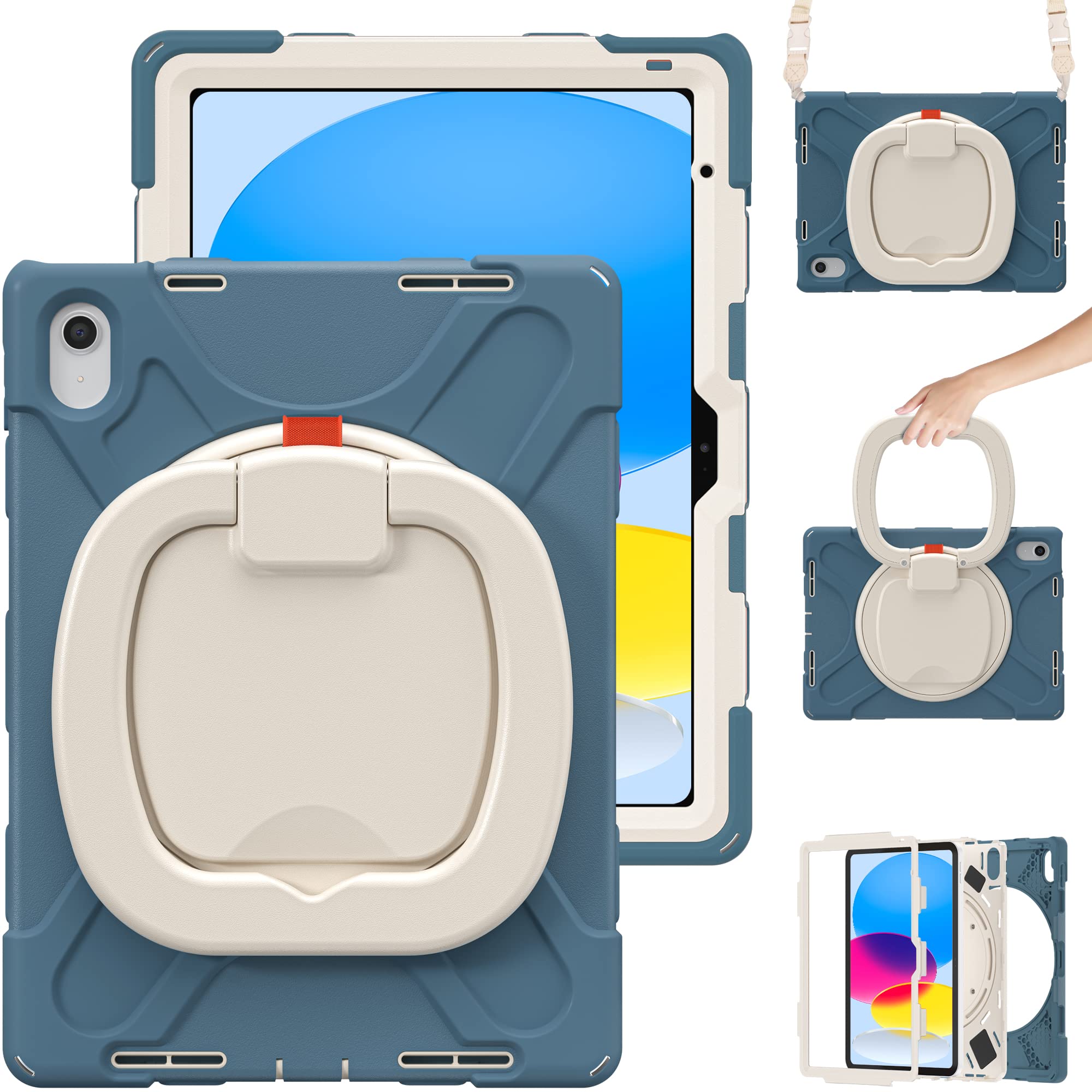 肩掛け iPad 第10世代 ケース ショルダーストラップ 360°回転ベルト スタンド ペンシル収納 虹色 レインボー 米軍MIL資格 耐衝撃 iPad 10 2022 ケース キッズ かわいい て丈夫 子供 アウトドア リン