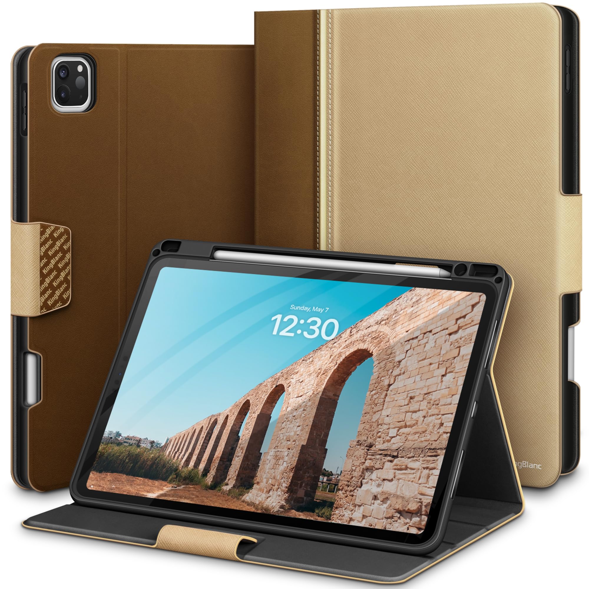 KingBlanc iPad Pro 13インチ ケース (M4) 2024 第7世代 専用 手帳型 ペン収納可 Apple Pencil Pro/USB-C対応 オートスリープ ペンシルホルダー付き 高級PUレザー製 絵描き角度 全面保護 カバー, ベージュ|T.M.Bストア