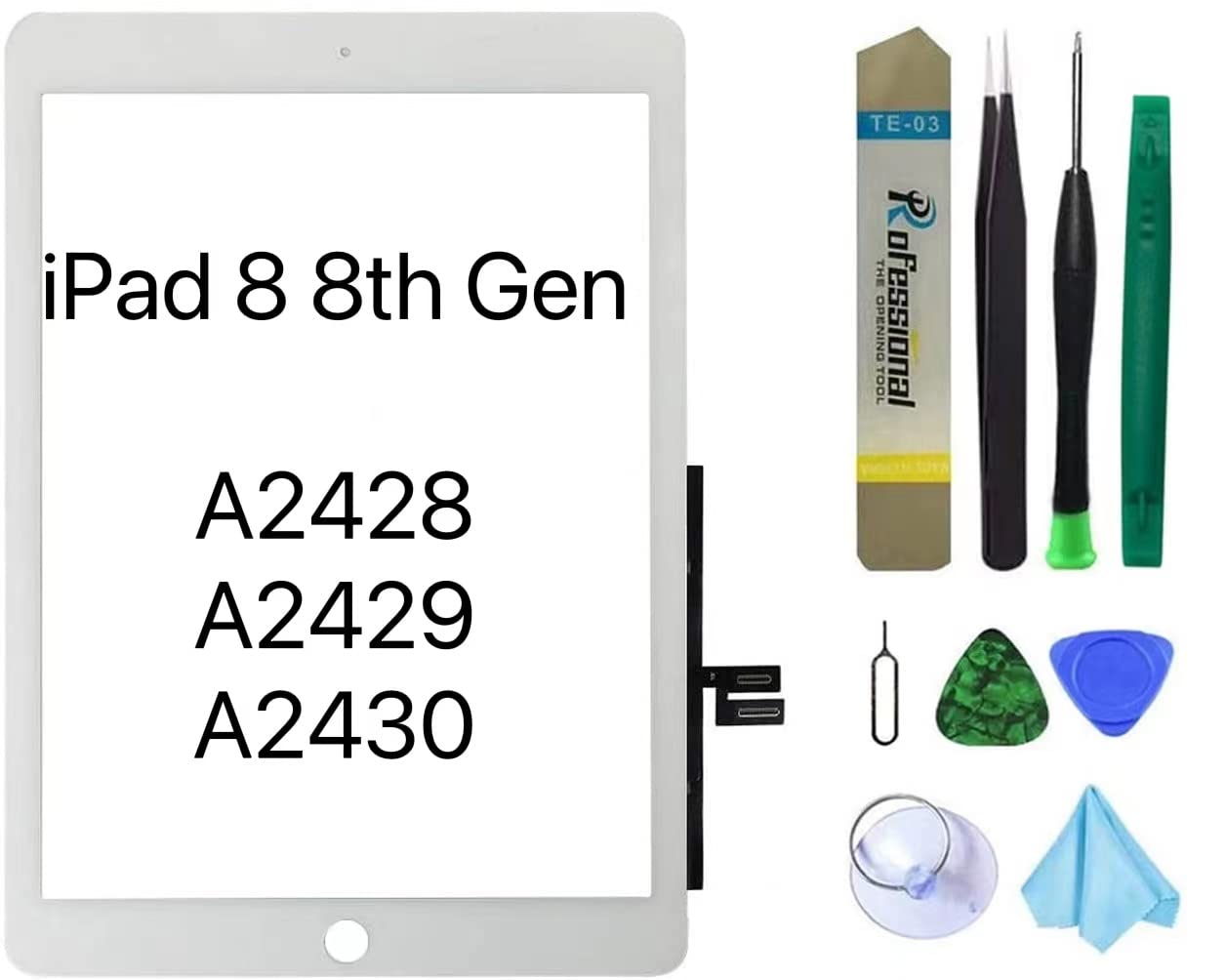 iPad 7 第7世代 10.2インチ (A2197 A2198 A2200)iPad 8 第8世代10.2インチ交換用スクリーン ホームボタンなし デジタイザー交換 (LCDは含まれません) + プリインストール接着剤 + ツール(ホワイト)