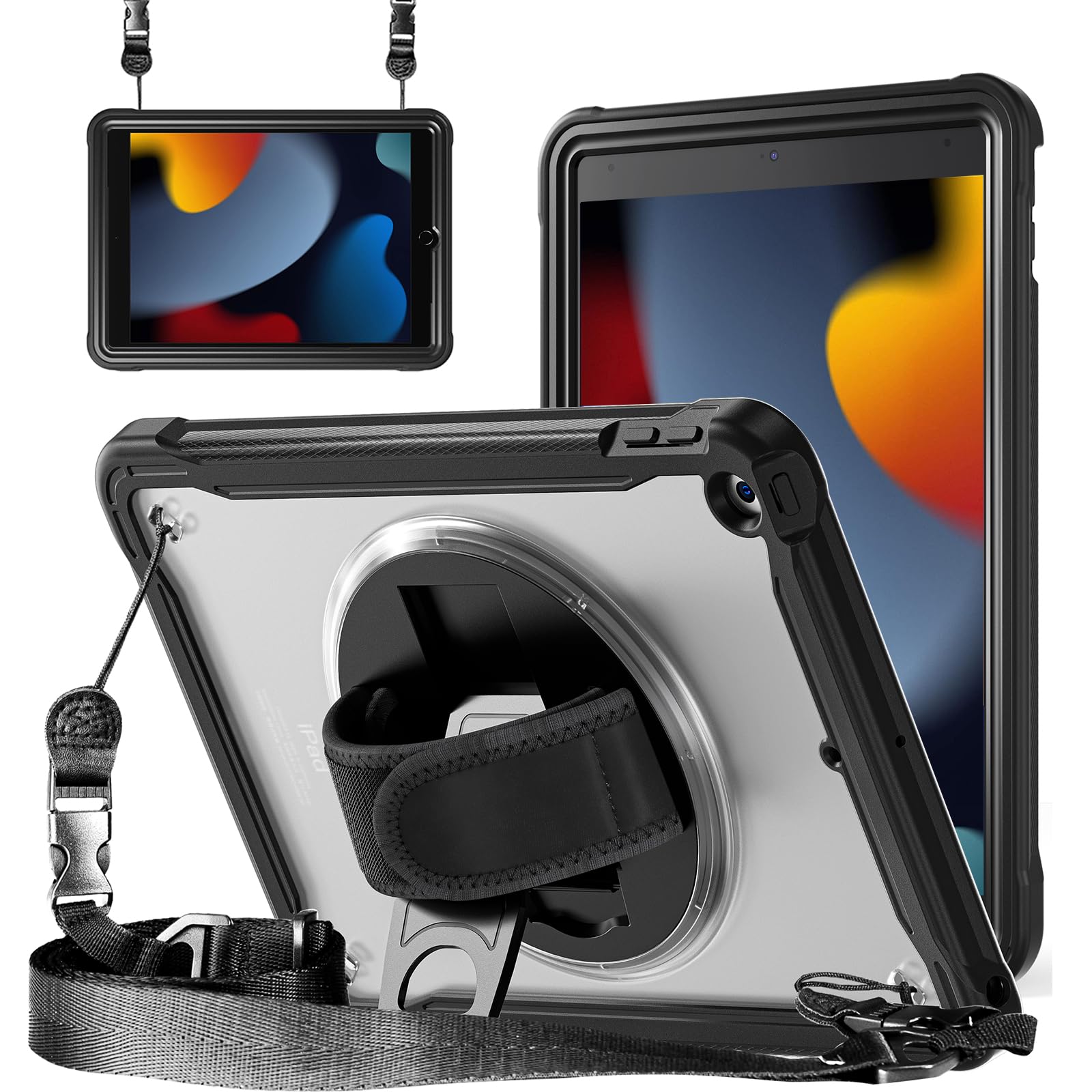 ZenRich iPad 第9/8/7世代 ケース,iPad 10.2 ケース 2021/ 2020/ 2019 iPad 9/8/7世代 ケース 肩掛け 360度回転の折り畳スタンド ハンドストラップ 肩掛け付き ペン収納 半透明 全面保護カバー 可DIY (適格請求