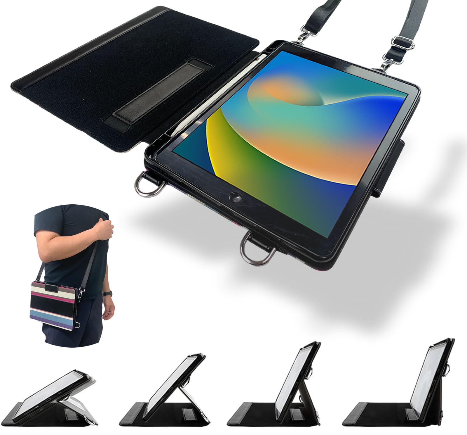 SLYDA iPad10.2 ストライプ デザイン マルチアングル スタンド ケース ビジネス 学校 用 肩掛け 首掛け ショルダー ストラップ付 Apple Pencil収納可 ASH-HTG-IP102-STR-SLD (iPad 10.2インチ 第9/第8/第7世代 3