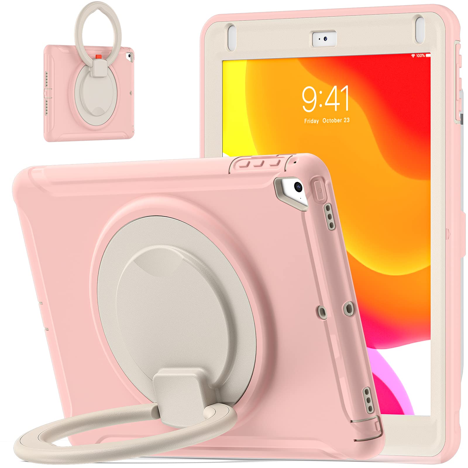 新型 iPad 2018 第6世代 2017 第5世代 ケース リング付き 衝撃吸収 軽い 頑丈 360&deg;回転スタンド 多方向 ハンドル付 iPad Air2 Pro9.7 カバー 落下防止 キズ防止 キッズ アイパッド9.7 ケース (iPad5/iPad6/Air｜T.M.Bストア